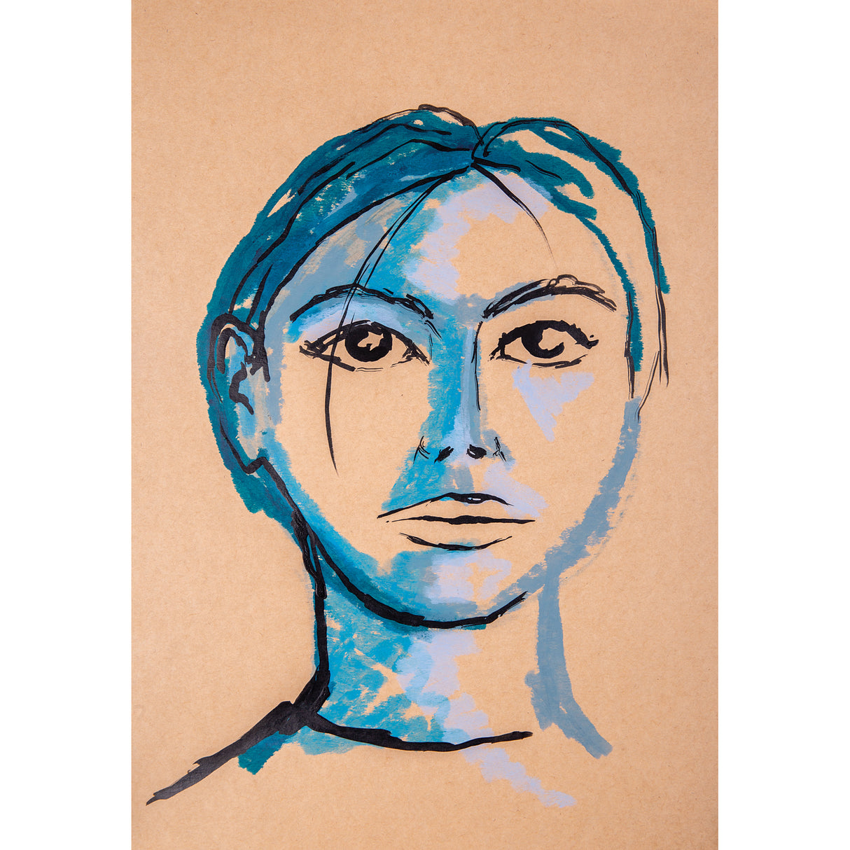 Expressive portrait artwork on kraft paper featuring a face rendered in soft teal, blue and lavender tones with bold black line work defining facial features, hair and neck, demonstrating the blending capabilities of Slicks By Zart Cool Ocean markers on natural brown paper surface.