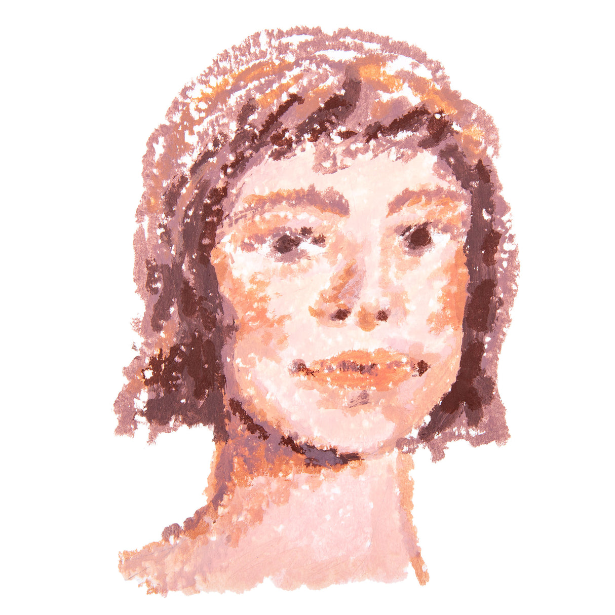 Portrait created with Slicks by Zart Skin Tone Pack showing a face with shoulder-length hair rendered in textured, stippled strokes. The artwork uses layered warm tones including peachy pinks, soft browns, mauves and orange highlights to create depth and dimension in the facial features and hair.