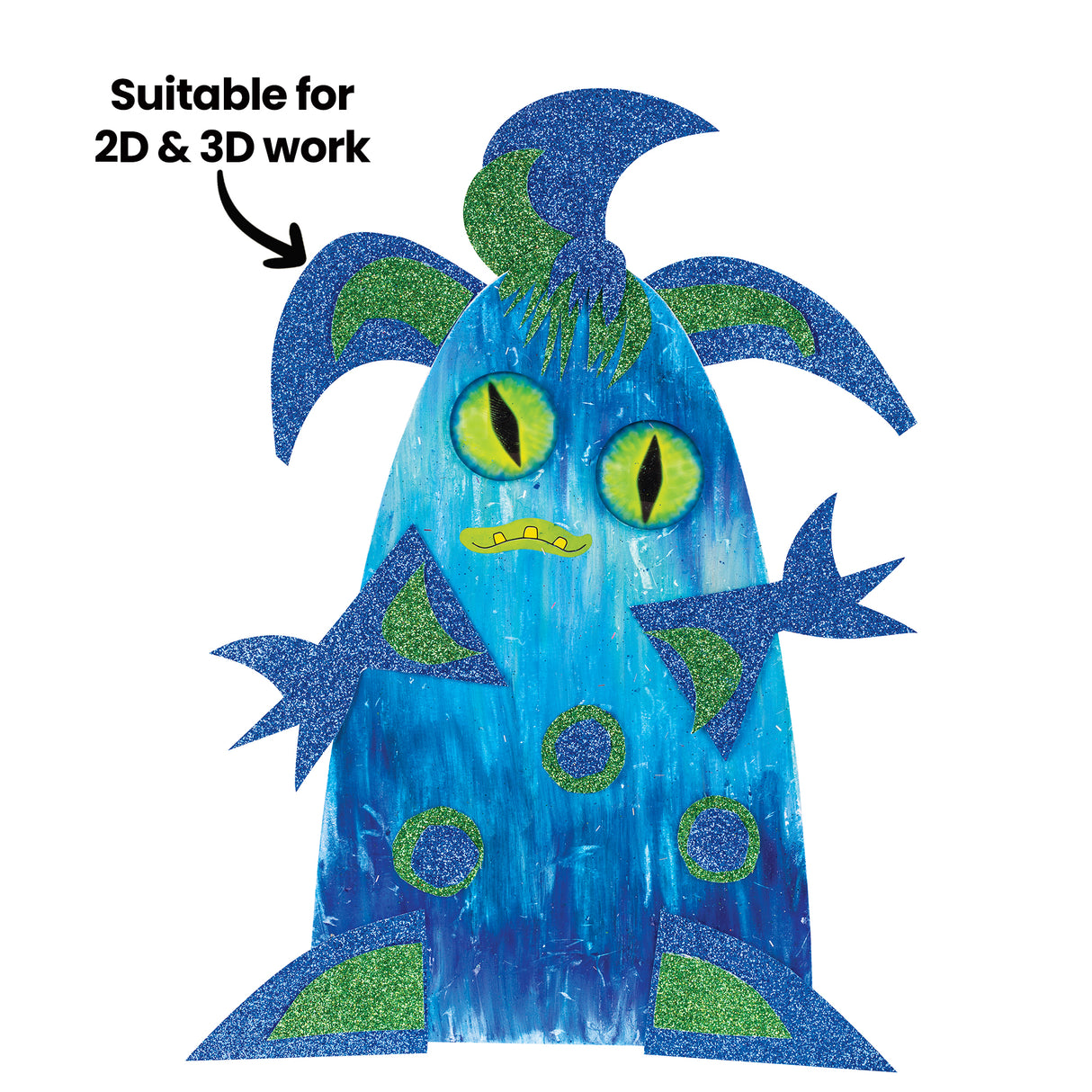 Whimsical blue creature artwork decorated with googly eyes featuring yellow-green irises and black pupils, embellished with glittery blue and green textured elements on fins and body. Text reads suitable for 2D & 3D work, showcasing the versatile Creature Eyes on painted character design.