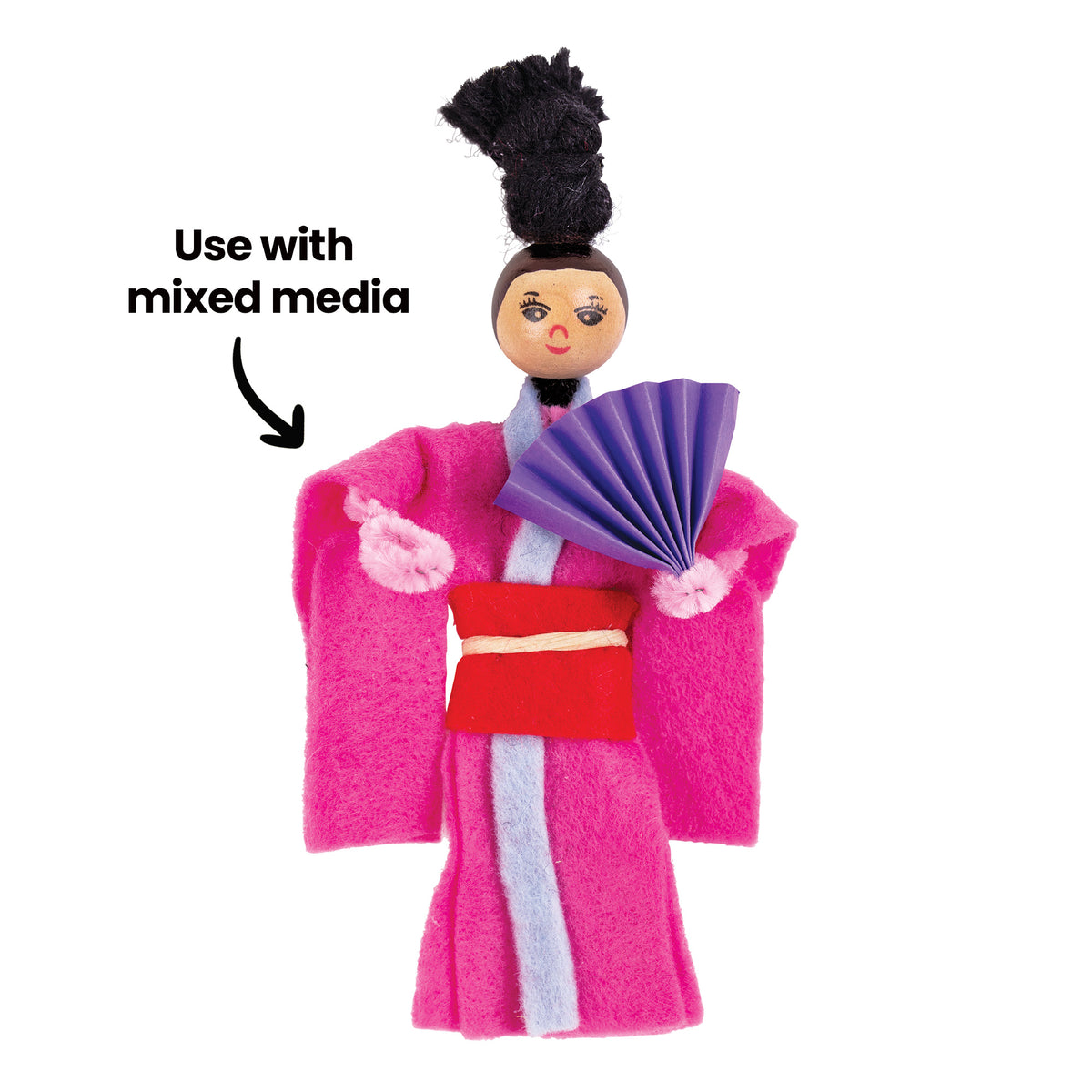 A figure with a wooden bead head, painted features and a black yarn topknot, dressed in a pink felt kimono with a pale blue felt sash and red felt obi. It holds a folded purple paper fan. A black annotation reads "Use with mixed media" with an arrow.