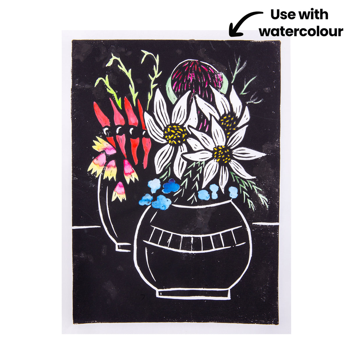 Finished black ink print of flowers in a vase with added colour details. Annotated text reads “Use with watercolour,” showing that the print can be hand-coloured with bright reds, blues, greens and yellow highlights.