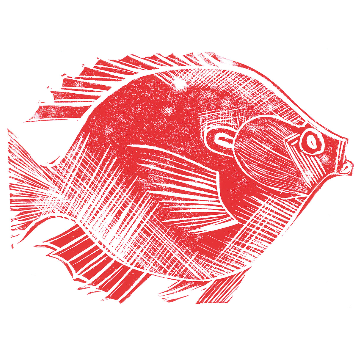 Red fish print shown on white paper. The design features bold outlines, crosshatched textures and linear marks defining fins, scales and facial features. Areas of solid red contrast with thin white carved lines creating detailed pattern and movement.