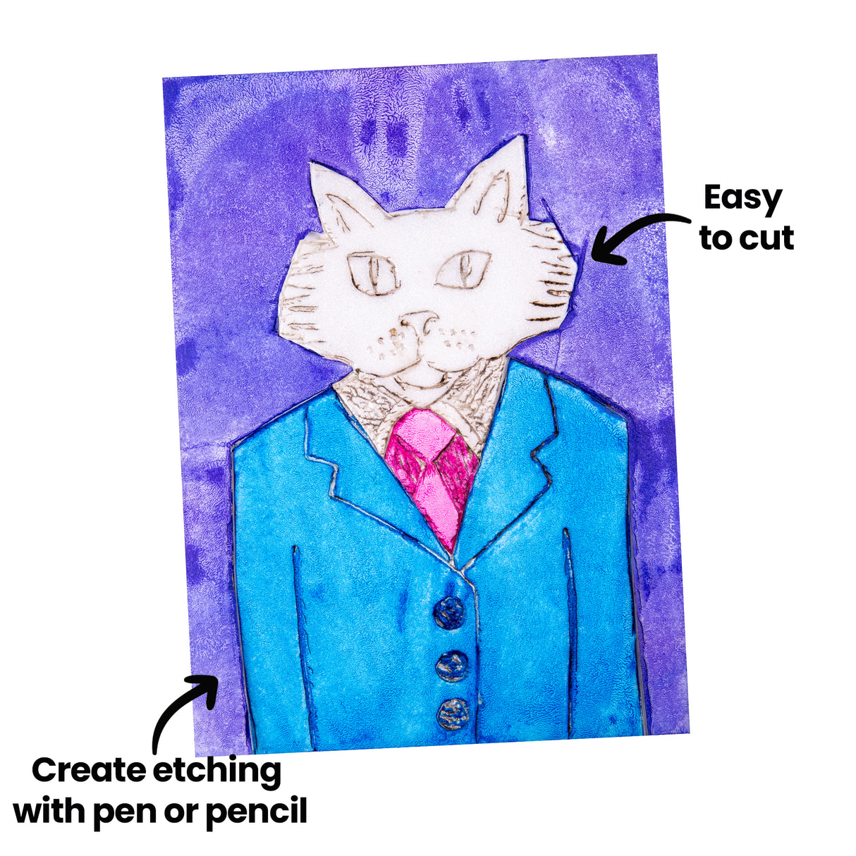 Coloured foam plate print of a cat character in a blue suit on a purple background. Black arrows point to the print surface with annotated text “Easy to cut” and “Create etching with pen or pencil”. The cat wears a bright pink tie and has clear indented facial details.