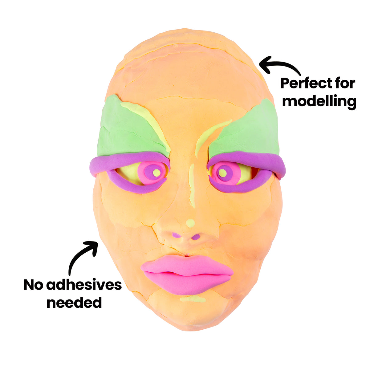 Sculptural face mask created with vibrant neon-coloured modelling clay in peachy orange, lime green, hot pink, and purple tones. Dimensional features include layered eyes, lips, and facial details. Annotation text reads "Perfect for modelling" and "No adhesives needed" highlighting the clay's self-adhesive properties.