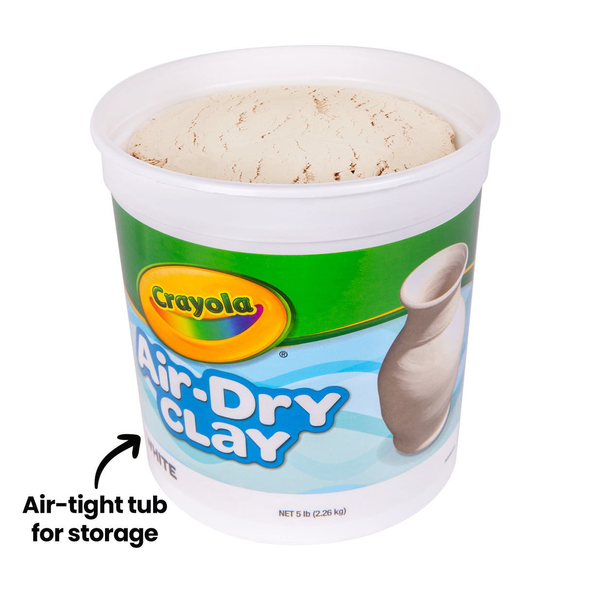 Open tub of Crayola Air-Dry Clay showing the clay inside, with on-image text reading “Air-tight tub for storage”.