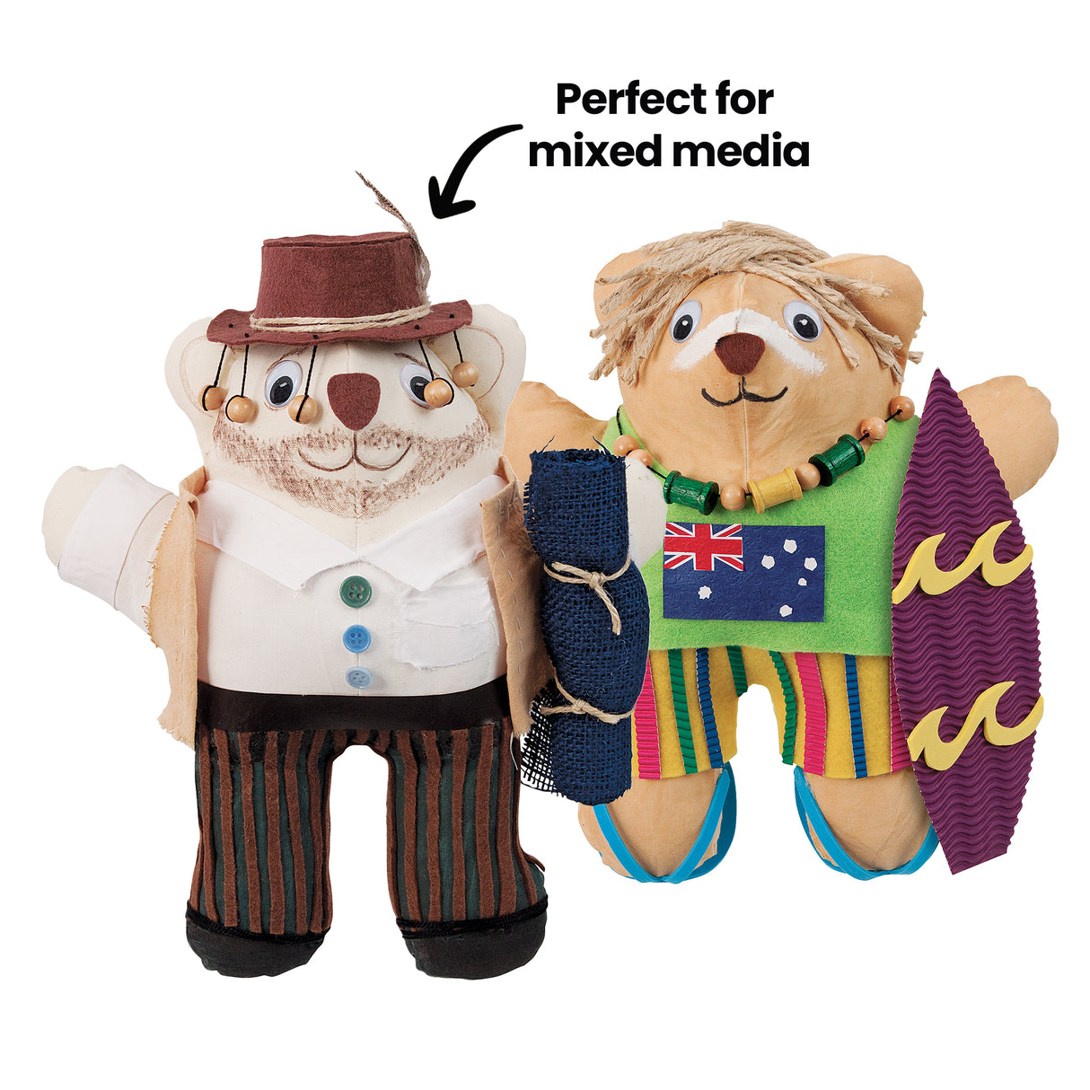 Two decorated calico bears styled as Australian characters — one as a bush figure in a hat with buttons and striped trousers, the other as a surfer holding a surfboard with an Australian flag. An annotation reads "Perfect for mixed media." Demonstrates textile and collage decoration techniques.