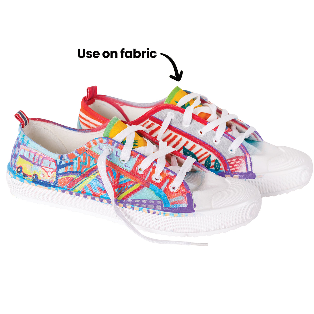 Pair of canvas shoes decorated with Street Paint Markers in bright colours and patterns, showing how the markers can be used effectively on fabric for custom designs.