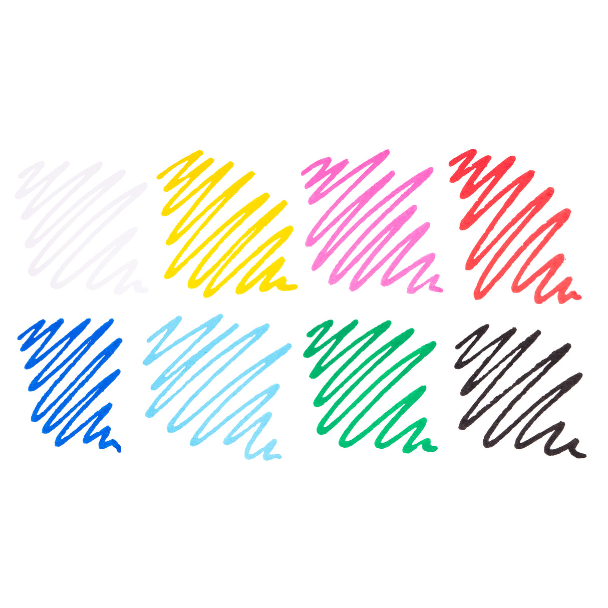 Colour swatches created with POSCA markers, showing curved strokes in white, yellow, pink, red, blue, light blue, green and black.