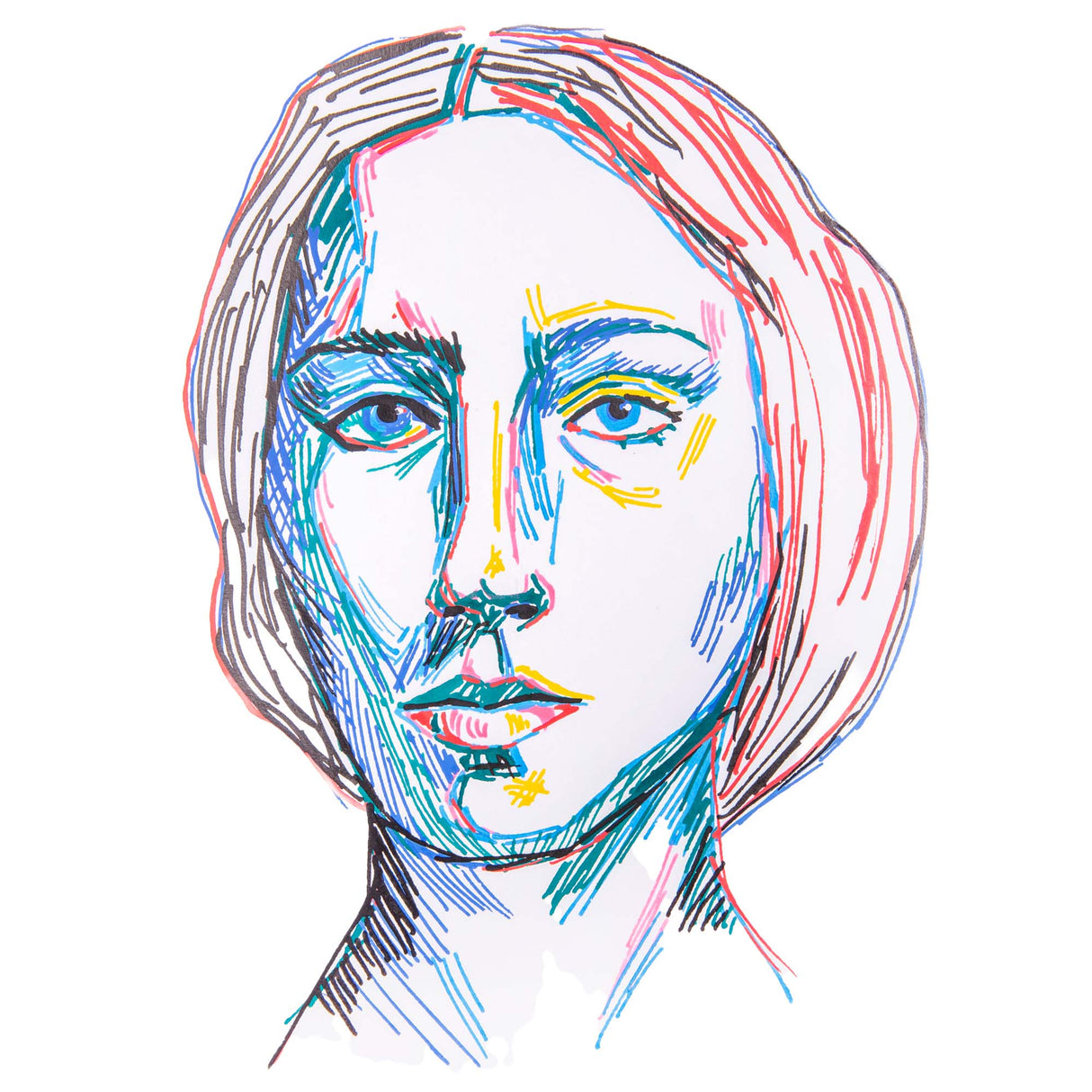 Colourful portrait created using Zart Street Paint Markers, showing layered lines in blue, red, yellow and black forming the face and hair of a person with expressive eyes.