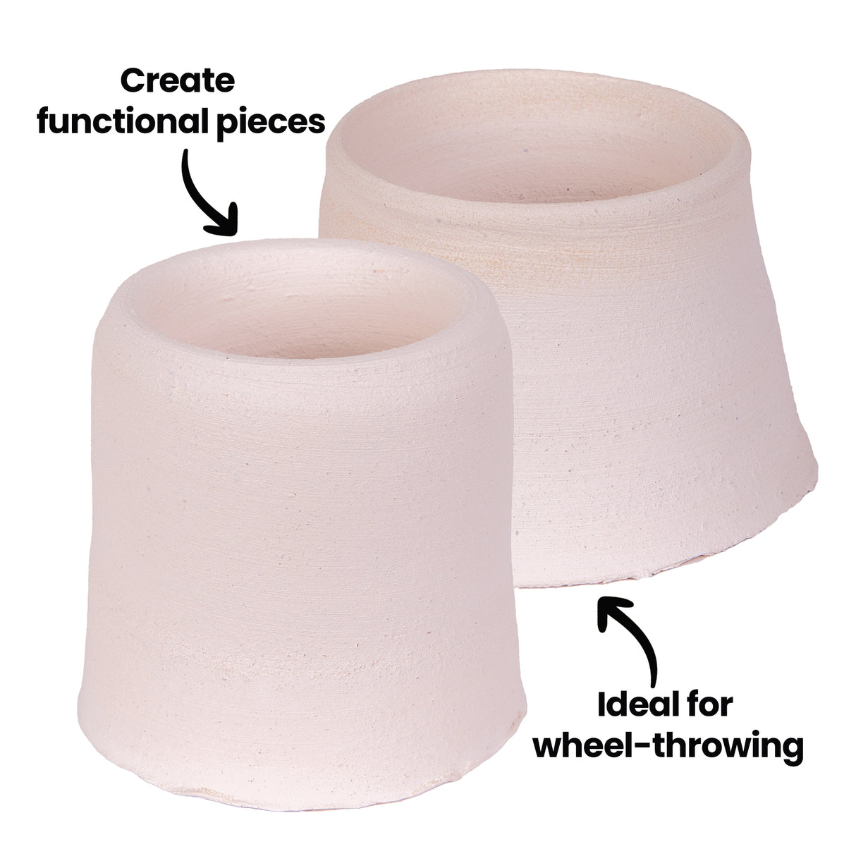 Two unfired stoneware clay forms displayed on white background, showing a cylindrical pot and wider bowl shape in natural pale pink-beige clay with visible texture. Text annotations read "Create functional pieces" pointing to the cylinder and "Ideal for wheel-throwing" pointing to the bowl, demonstrating Northcote Stoneware Clay's versatility for pottery projects.