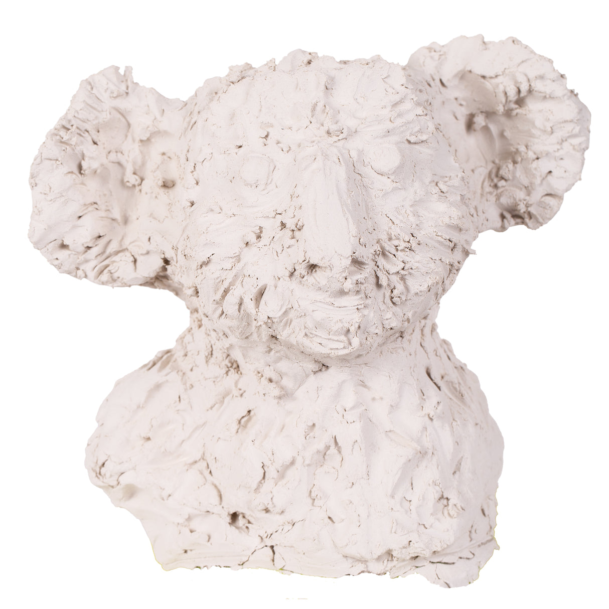 Hand-sculpted koala figure crafted from pale grey Zart Oz Clay, displaying detailed texture and finger-worked surface showing the clay's malleable quality. The sculpture features distinctive koala characteristics including rounded ears, button nose, and compact body, demonstrating the clay's excellent modelling properties for creating three-dimensional Australian wildlife forms.