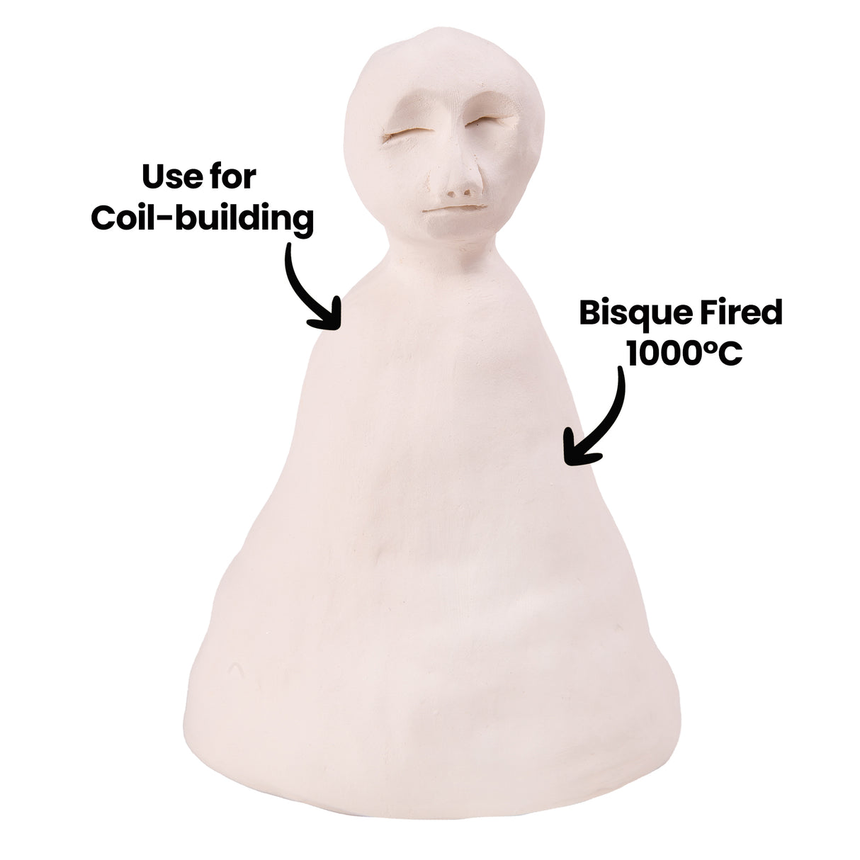 White bisque-fired ceramic figure sculpture with simplified human form featuring a rounded head with closed eyes, nose, and mouth, tapering to a wide bell-shaped base. Annotations read "Use for Coil-building" and "Bisque Fired 1000°C" demonstrating the sculptural capabilities of Clayworks School White Clay.