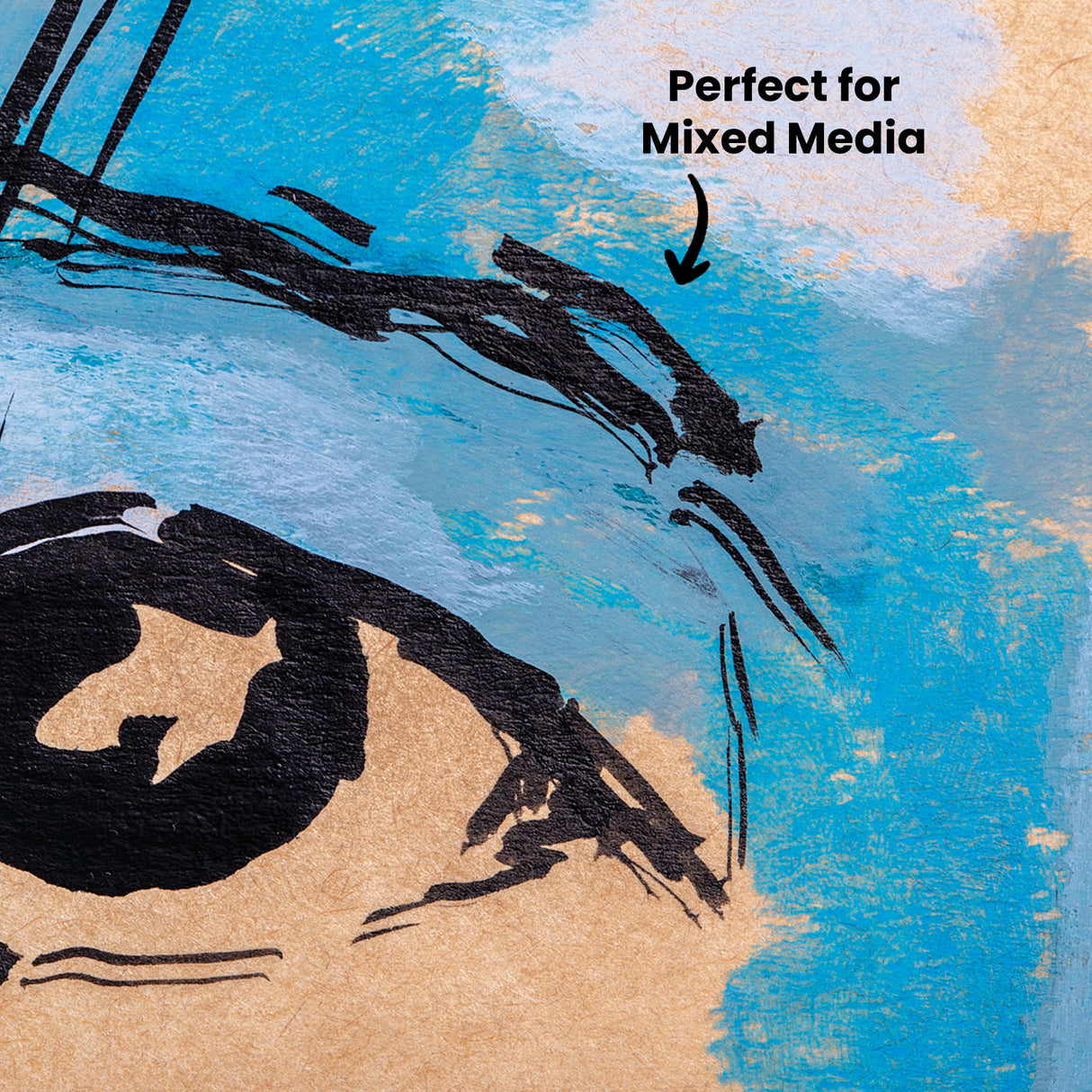 Close-up of mixed media artwork showing bold black linework over blended blue paint layers, demonstrating texture and colour mixing. Annotation reads “Perfect for Mixed Media” with an arrow pointing to the artwork.