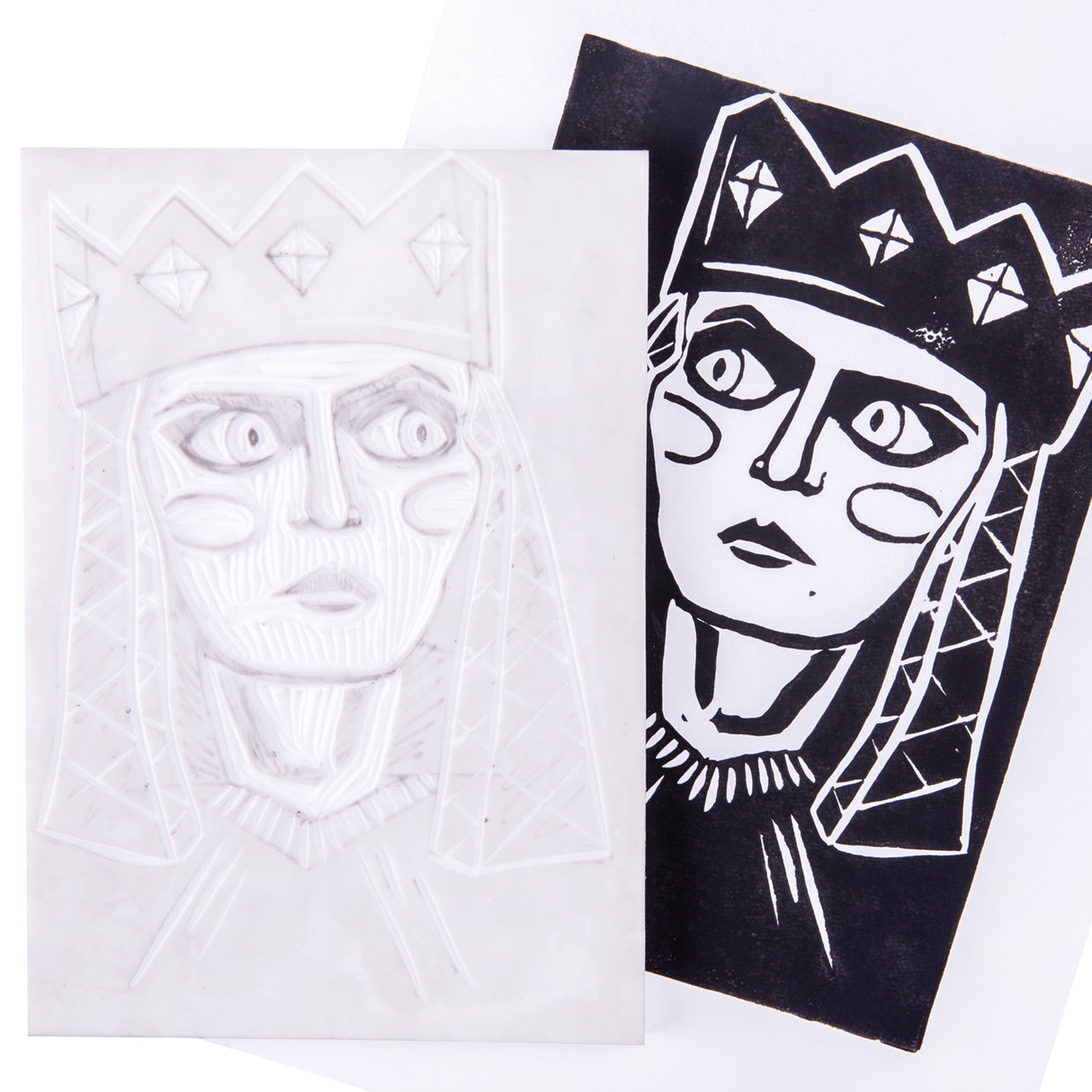 White carved portrait block positioned beside a black printed version of the same crowned face design. Fine carved lines are visible across the surface of the white block, contrasting with the solid black background and white linework of the print.