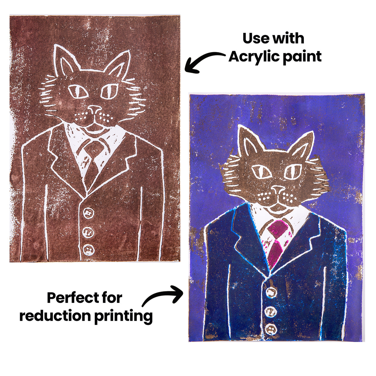 Two foam plate prints of a cat in a suit are shown side by side on a white background. One print is brown and white, and the other is blue with a pink tie. Annotated text reads “Use with Acrylic paint” and “Perfect for reduction printing”, with arrows pointing to the prints.