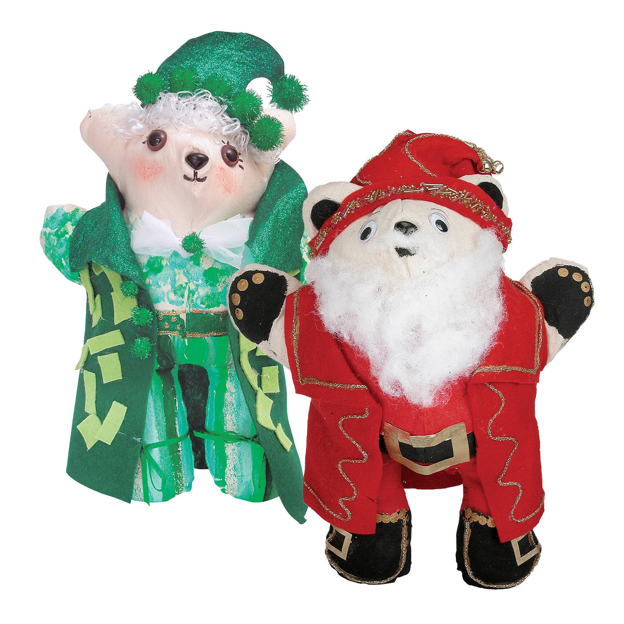 Two calico bears decorated as Christmas characters — one dressed as an elf in green sequined fabric with a pom-pom hat, the other as Santa Claus in a red suit with a white cotton-wool beard. Demonstrates festive mixed-media decoration using fabric, glitter, and found materials.