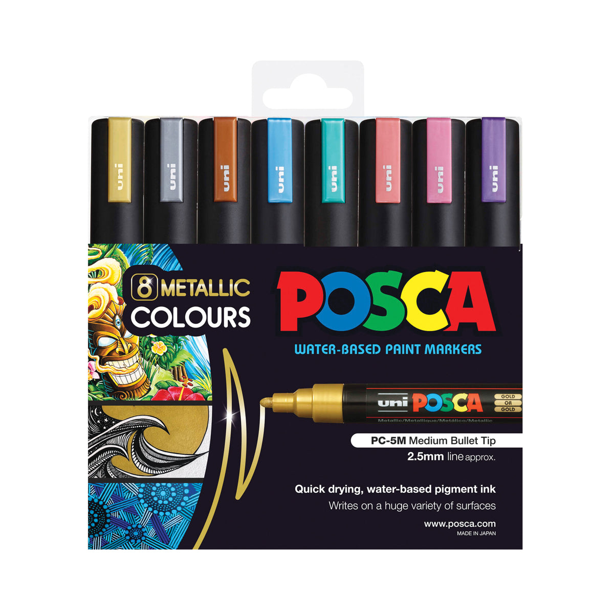 POSCA Metallic Marker packaging showing all eight capped markers above a dark navy box panel with gold text and colourful sample artwork thumbnails along the left edge. A large product image of the gold marker uncapped sits in the lower right of the panel.