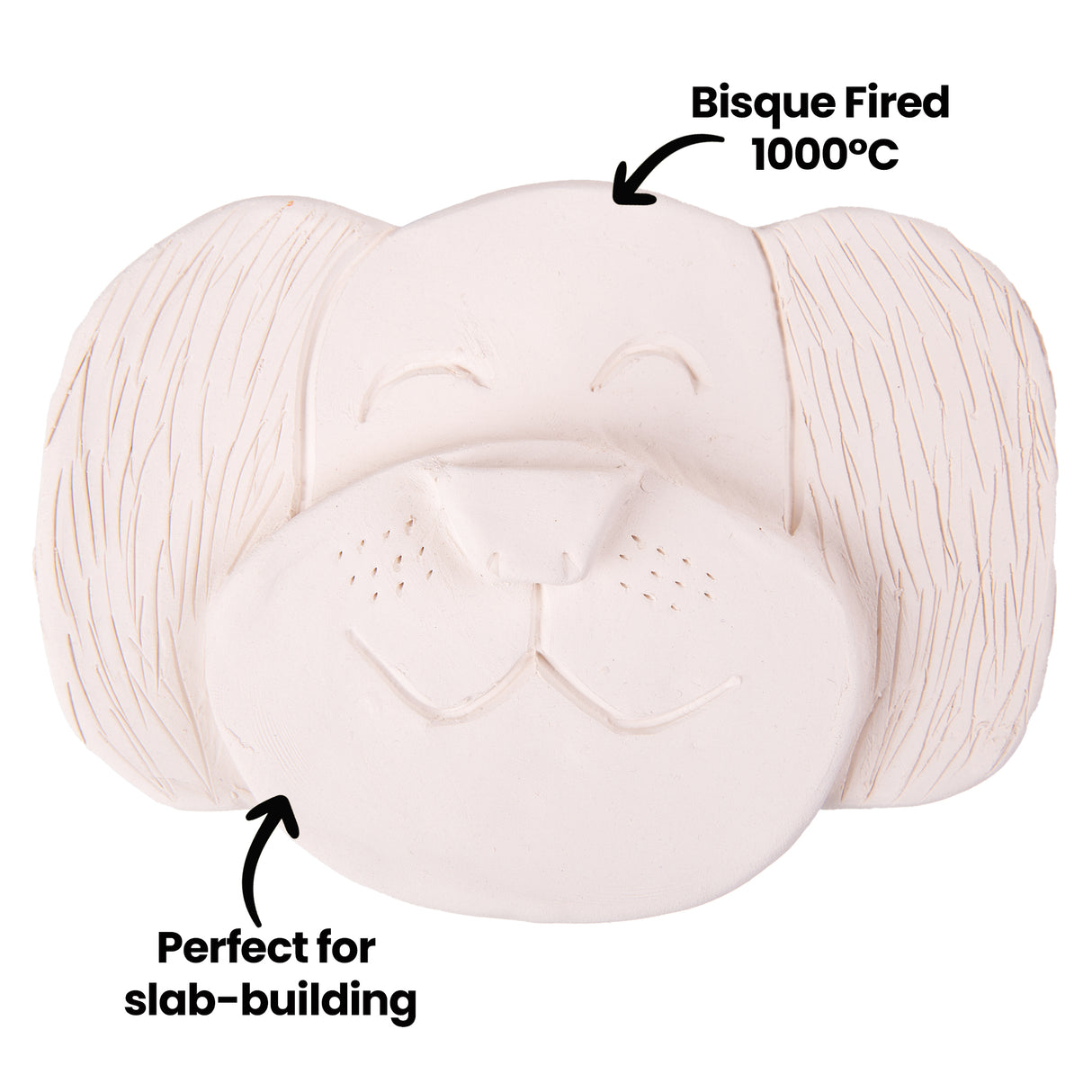 Pale ceramic clay sculpture of a cartoon dog face with textured fur details and heart-shaped nose, displayed against white background. Annotations read "Bisque Fired 1000°C" and "Perfect for slab-building" demonstrating the versatility of School White Clay for hand-building techniques and kiln firing applications.