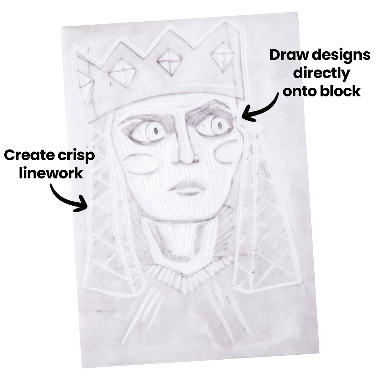 White soft cut carving block featuring a carved portrait of a crowned face. Black on-image text reads “Draw designs directly onto block” and “Create crisp linework”, each with arrows pointing to the block surface and carved lines.
