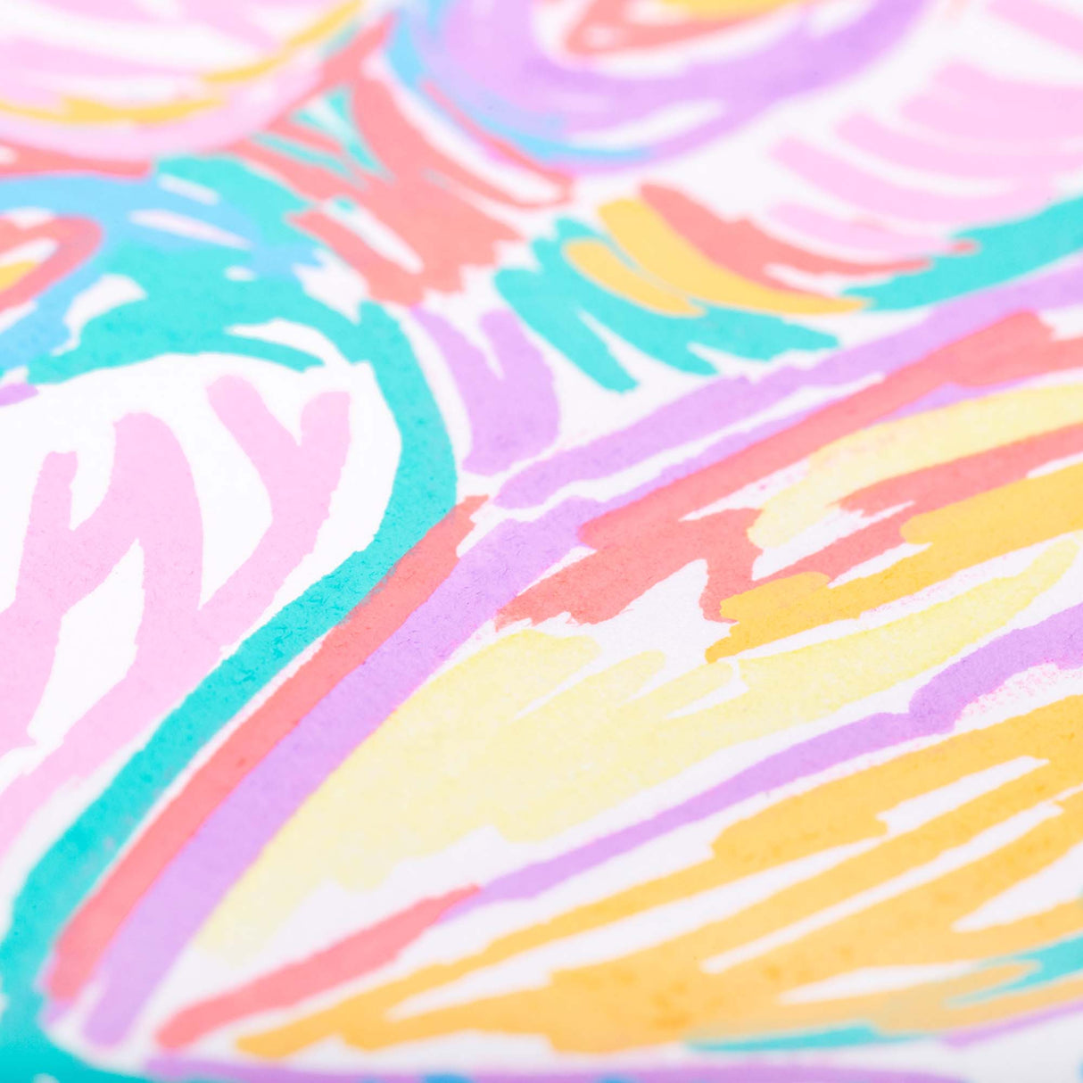 Close-up macro view of layered pastel marker strokes in pink, yellow, purple, aqua and peach, showing the smooth, opaque finish on paper.