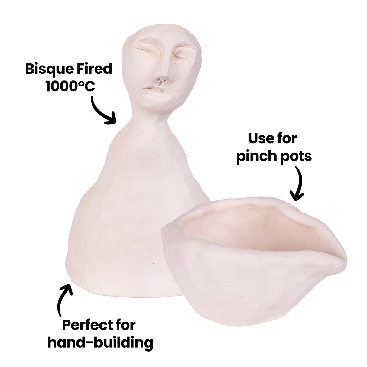 Pale cream-coloured ceramic sculptures showcasing Northcote Stoneware Clay's versatility: a hand-built figure with refined facial features and a smooth pinch pot bowl. Annotation text reads "Bisque Fired 1000°C", "Use for pinch pots", and "Perfect for hand-building", demonstrating the clay's firing temperature and crafting applications.