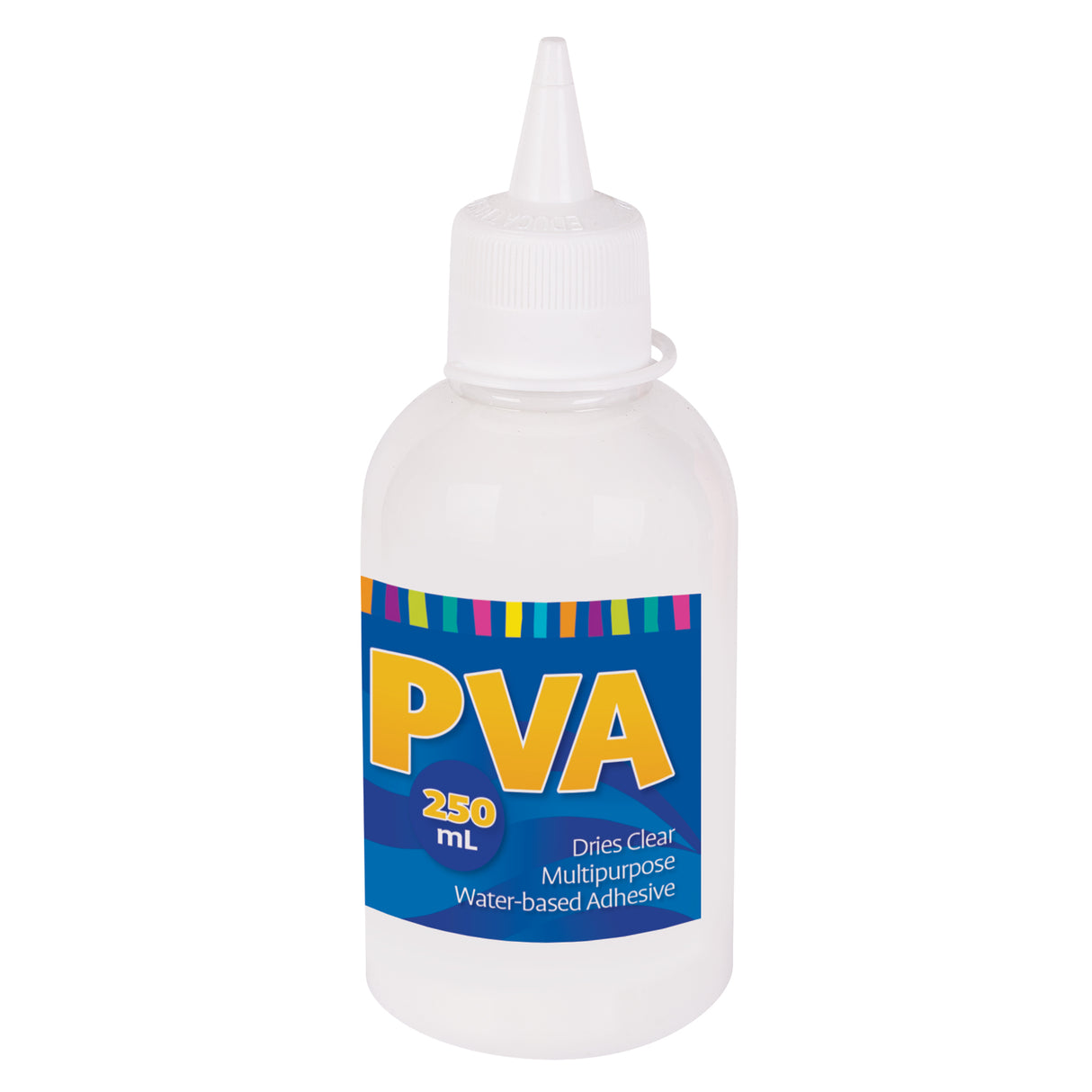 Clear plastic squeeze bottle containing 250mL of PVA multipurpose water-based adhesive. The bottle features a white screw-cap nozzle and colourful blue label with yellow PVA text. Label indicates Dries Clear, Multipurpose, Water-based Adhesive. Ideal for school and craft projects.