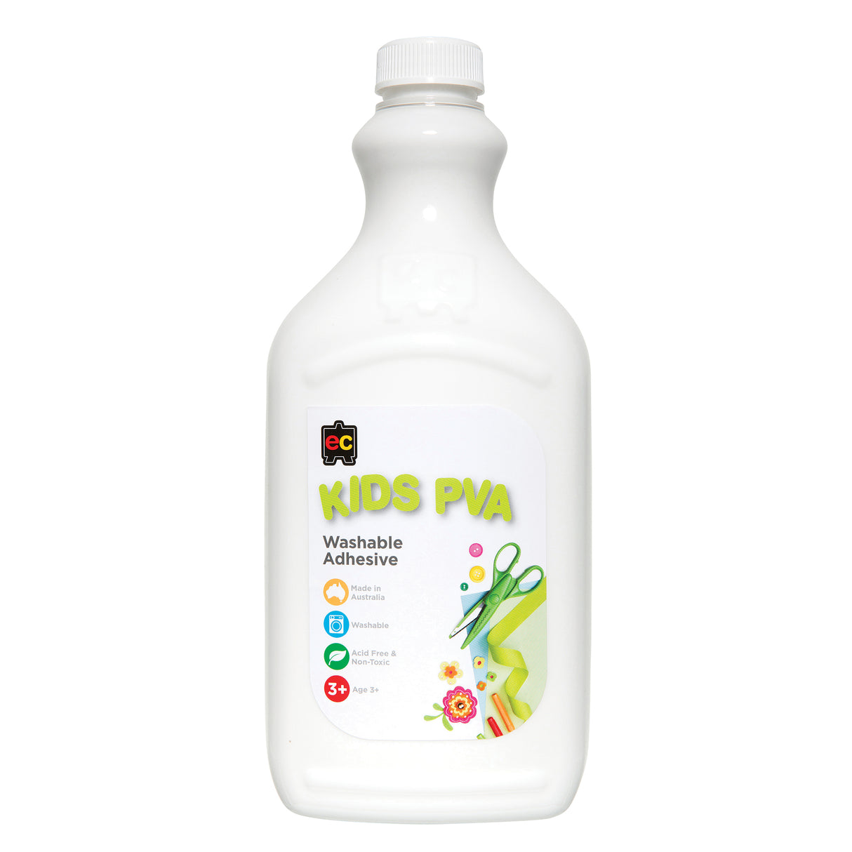 EC Kids PVA Washable Adhesive in a 2 litre white plastic bottle with screw-top lid. White label with lime green typography and colourful craft imagery. Labelled acid free, non-toxic, washable, and made in Australia. Suitable for ages 3+.