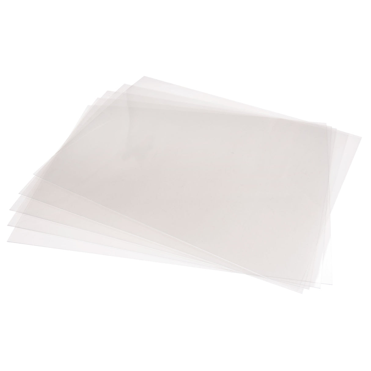 A fanned stack of transparent Zart Acetate Heavyweight Sheets on a white background, shown at an angle with edges spread out. The clear, thin sheets overlap to reveal their see-through quality and flat rectangular format.