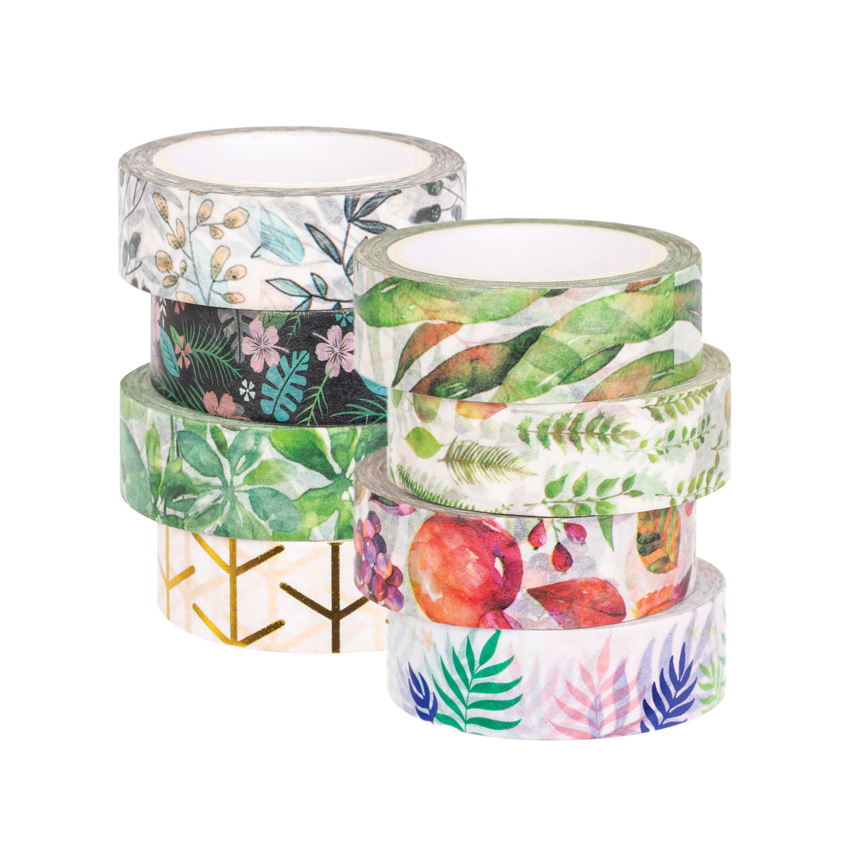 Two stacked columns of Zart Washi Tape, eight rolls total, featuring botanical designs. One column shows blue-grey foliage, black with pink florals, green leaves, and gold geometric branches; the other shows tropical greenery, delicate ferns, red fruit and berries, and soft purple and green fern fronds.