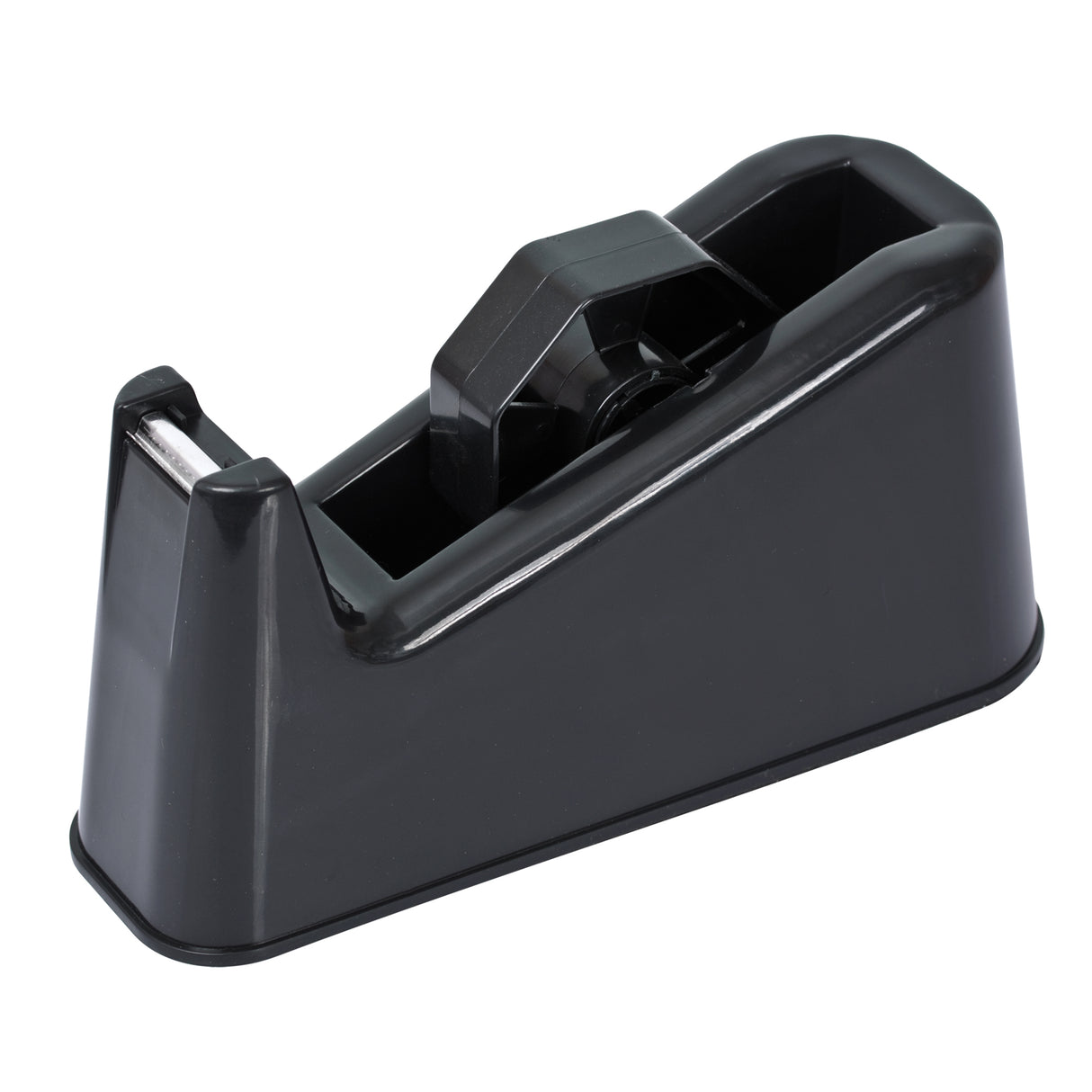 Black desktop tape dispenser with a smooth, glossy plastic body and angular wedge shape. The front features a serrated metal cutting edge, while the recessed centre holds a spindle for tape rolls. Clean lines and a compact, sturdy form emphasise a practical, minimal design.