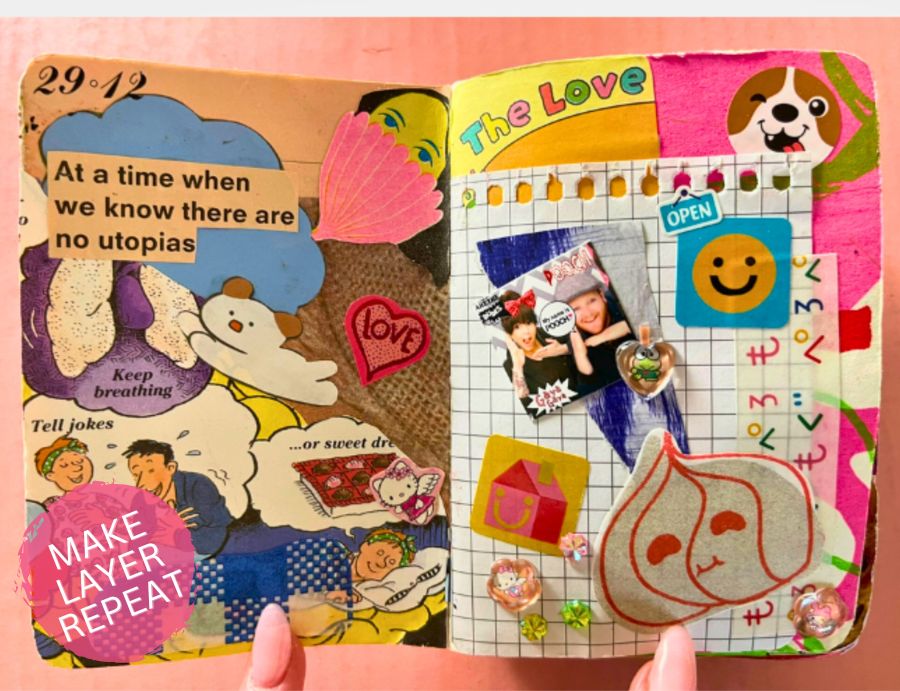 Open junk journal displayed across two pages, densely layered with collage elements including cut images, fabric, stickers, drawings and small embellishments. Mixed textures and bold colours create a vibrant, tactile composition. Image credit: Zart Education PL Art & Junk Journalling with Francesca Spillane.