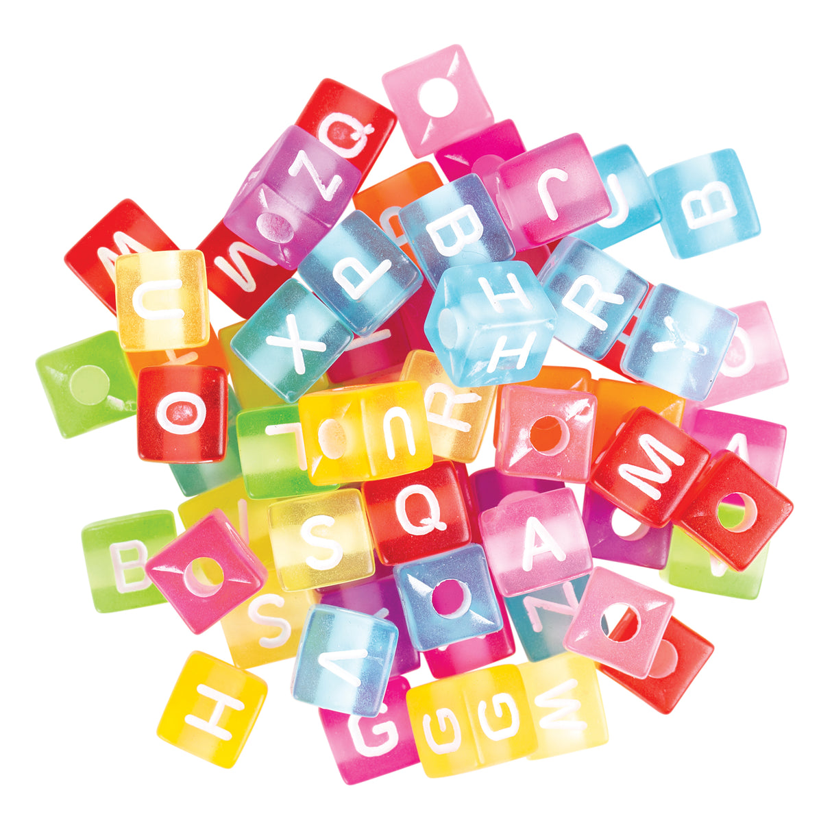 Colourful translucent cube beads scattered on white background, each featuring a white letter of the alphabet. The large square beads come in vibrant shades of red, pink, yellow, green, blue, and purple with a glossy finish and central threading hole.