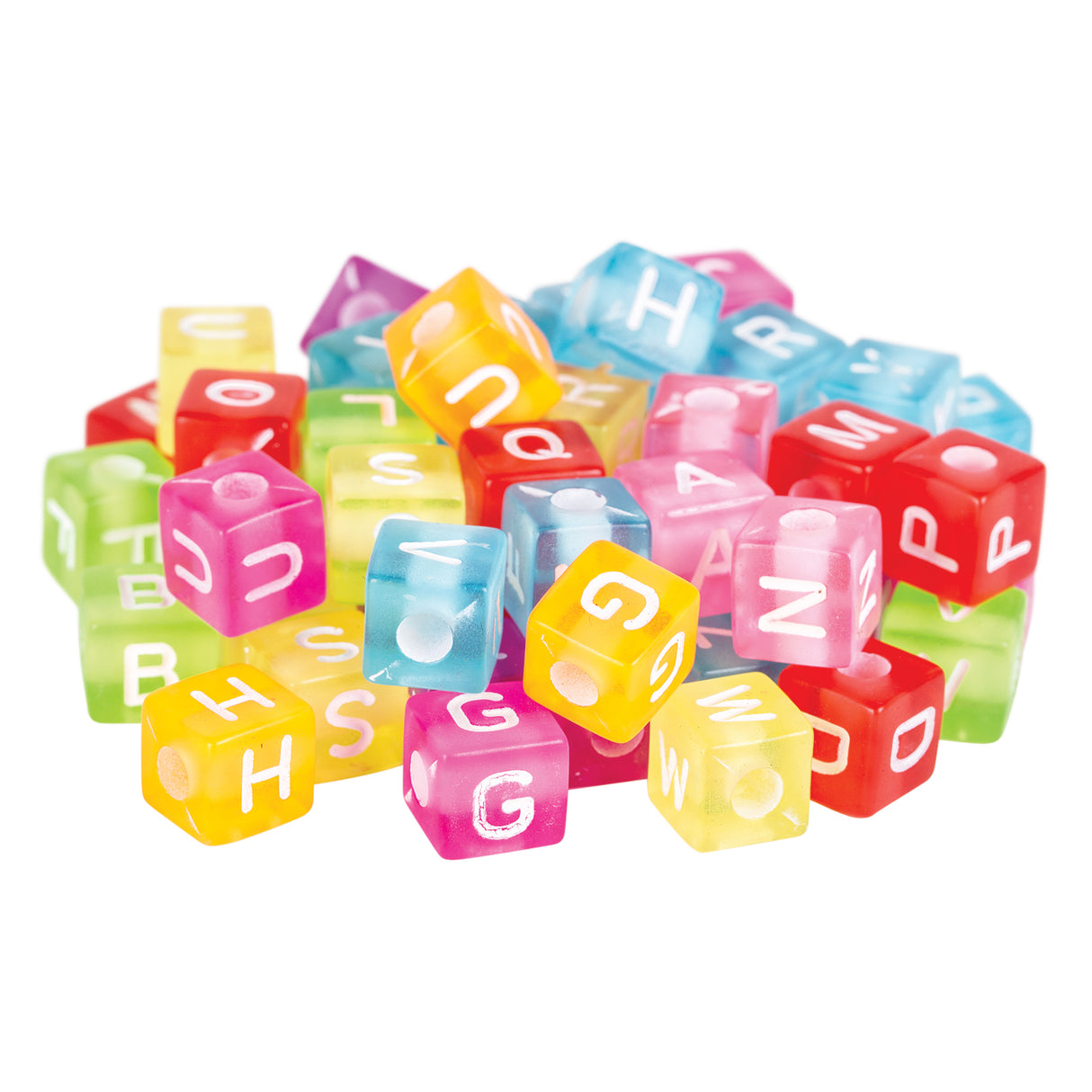 Colourful translucent cube beads in vibrant pink, yellow, red, blue, and green, each featuring white letters of the alphabet on their faces. The large alphabet cube beads are arranged in a scattered pile, showcasing their glossy transparent finish and clear letter markings ideal for educational craft projects and jewellery making.