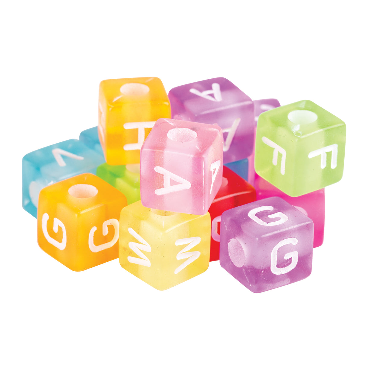 Colourful translucent cube-shaped alphabet beads in pink, yellow, purple, blue, green, and red, displaying white letters including A, G, N, T, and Z on their faces. The large beads have rounded corners and central threading holes.