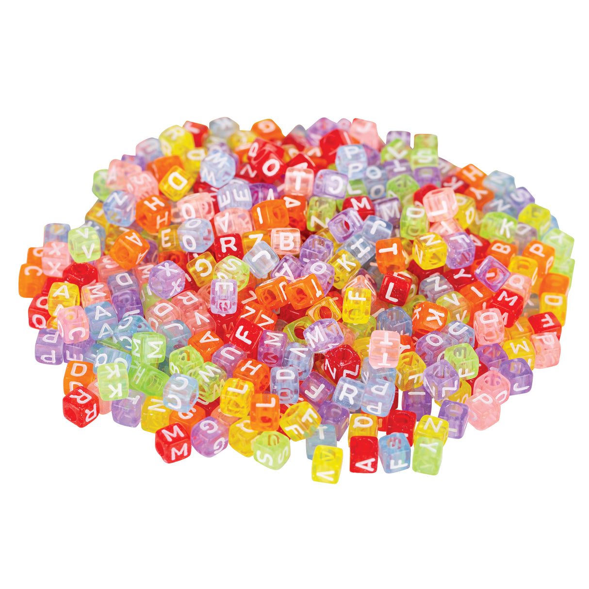 Colourful translucent plastic alphabet cube beads in vibrant red, orange, yellow, green, blue, pink and purple shades, arranged in a scattered pile. Each 6mm bead features white capital letters on all sides, perfect for jewellery making, threading activities and educational craft projects.
