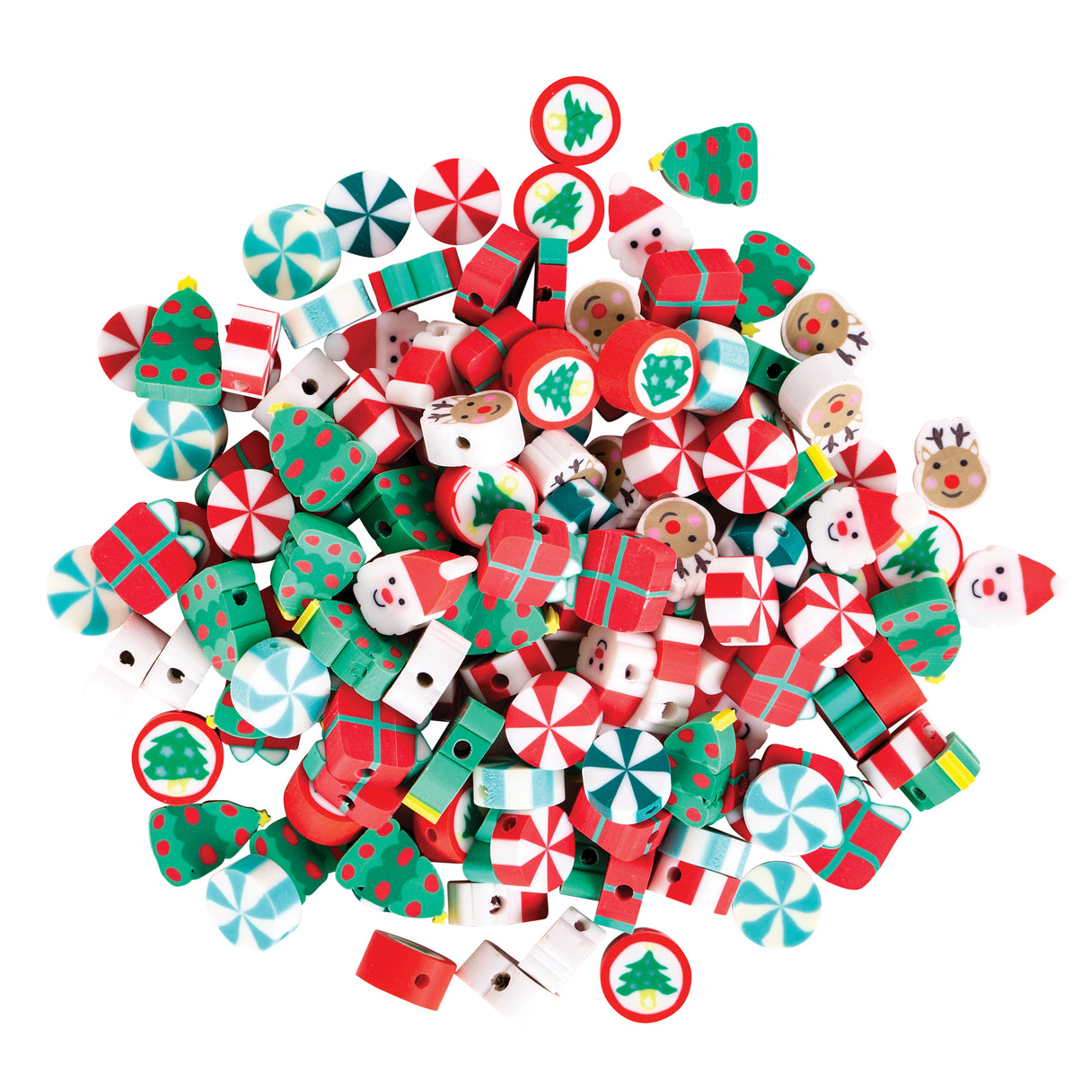 Colourful assortment of festive silicone beads featuring Christmas-themed designs including red and white peppermint swirls, candy canes, green Christmas trees, wrapped presents, reindeer faces, Santa figures, and striped patterns in red, green, white, and teal colours. The beads are displayed in a scattered pile arrangement showing their varied shapes and holiday motifs.