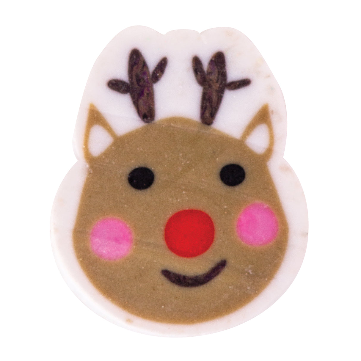 Reindeer-shaped silicone bead with tan face, pink cheeks, red nose, black eyes and smiling mouth, brown antlers on white background. The festive Christmas bead features a cheerful Rudolph design with dimensional details including pointed ears and glittery finish on the face, ideal for jewellery making and craft projects.
