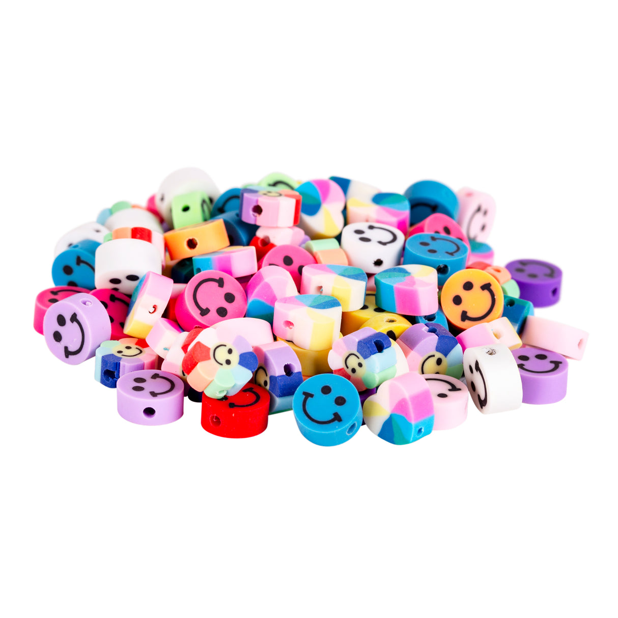 Colourful collection of cylindrical silicone beads in vibrant shades including pink, purple, blue, yellow, red, and multicolour patterns. Each bead features a cheerful smiley face design and central threading hole, perfect for jewellery making and wellbeing craft activities.