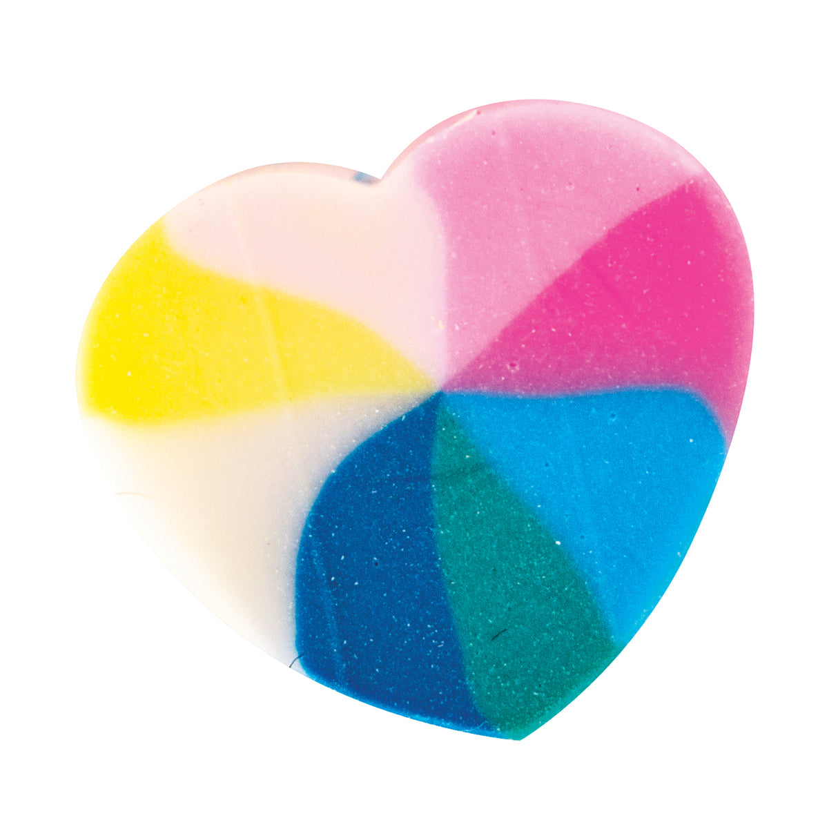 Heart-shaped silicone bead with translucent overlapping sections in vibrant yellow, soft pink, bright magenta, turquoise, teal and deep blue. The glittery resin-like bead features smooth colour gradients where sections blend together, creating a rainbow effect with a glossy, dimensional finish on white background.
