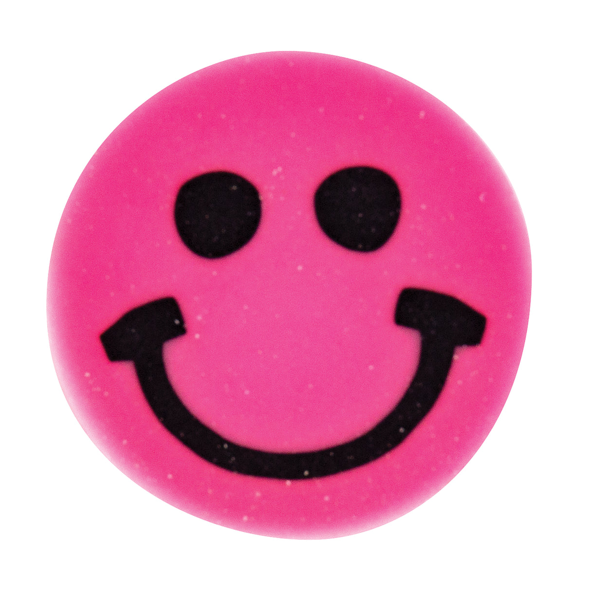 Bright pink silicone bead in a circular smiley face design with two round black eyes and a cheerful black smile. The soft, tactile bead has a smooth matte finish with subtle sparkle inclusions throughout. Wellbeing sensory bead suitable for threading and crafting activities.