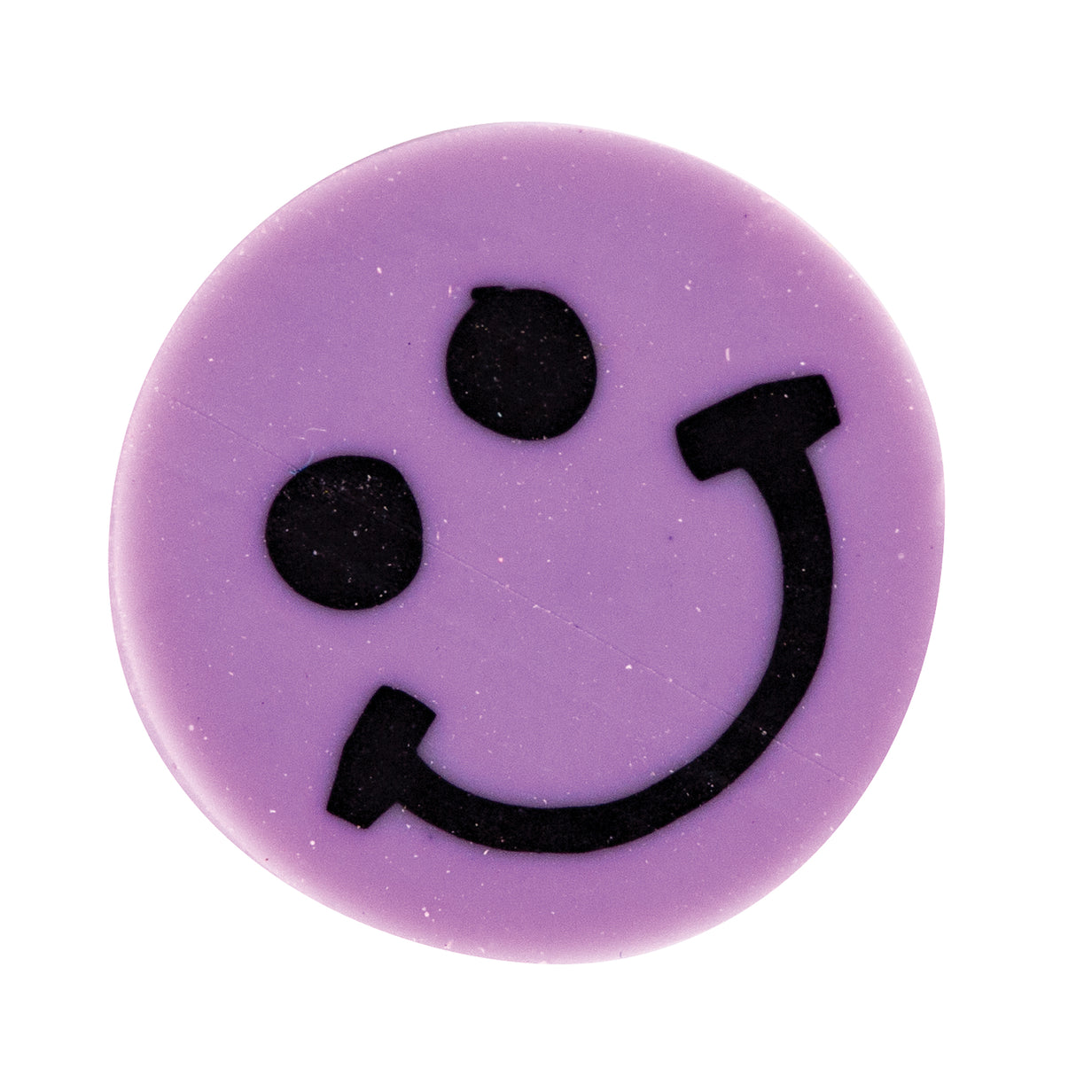 Round purple silicone bead with a black smiley face design featuring two circular eyes and a curved smile. The bead has a smooth, glossy surface with fine glitter sparkles throughout the purple material, creating a cheerful wellbeing-themed craft component suitable for jewellery making and sensory activities.