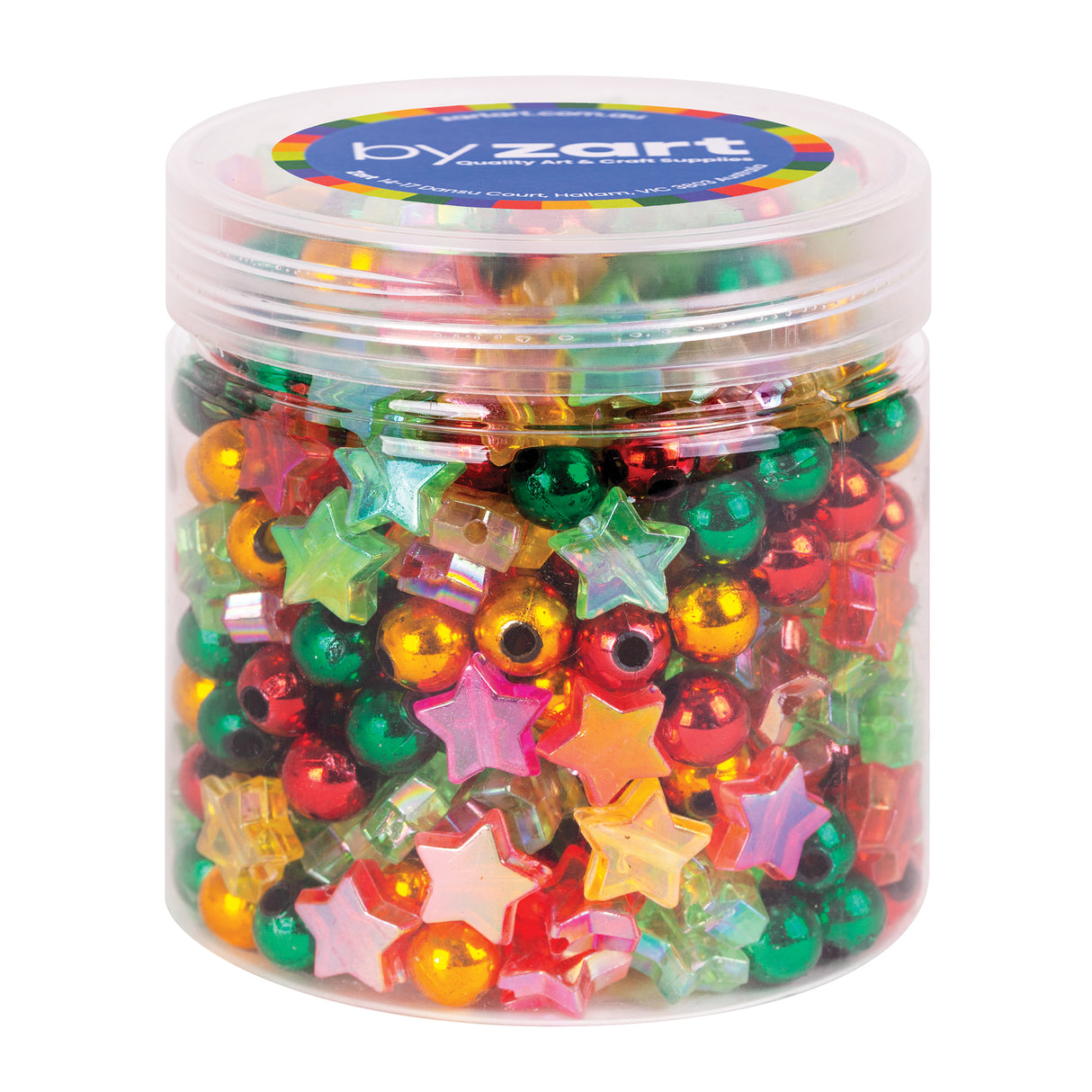 Clear plastic tub filled with vibrant Christmas-themed beads including metallic round beads in red, green, gold and orange, plus translucent star-shaped beads in various festive colours. The screw-top lid features the by Zart logo on a blue circular label with rainbow stripes, perfect for jewellery making and festive craft projects.