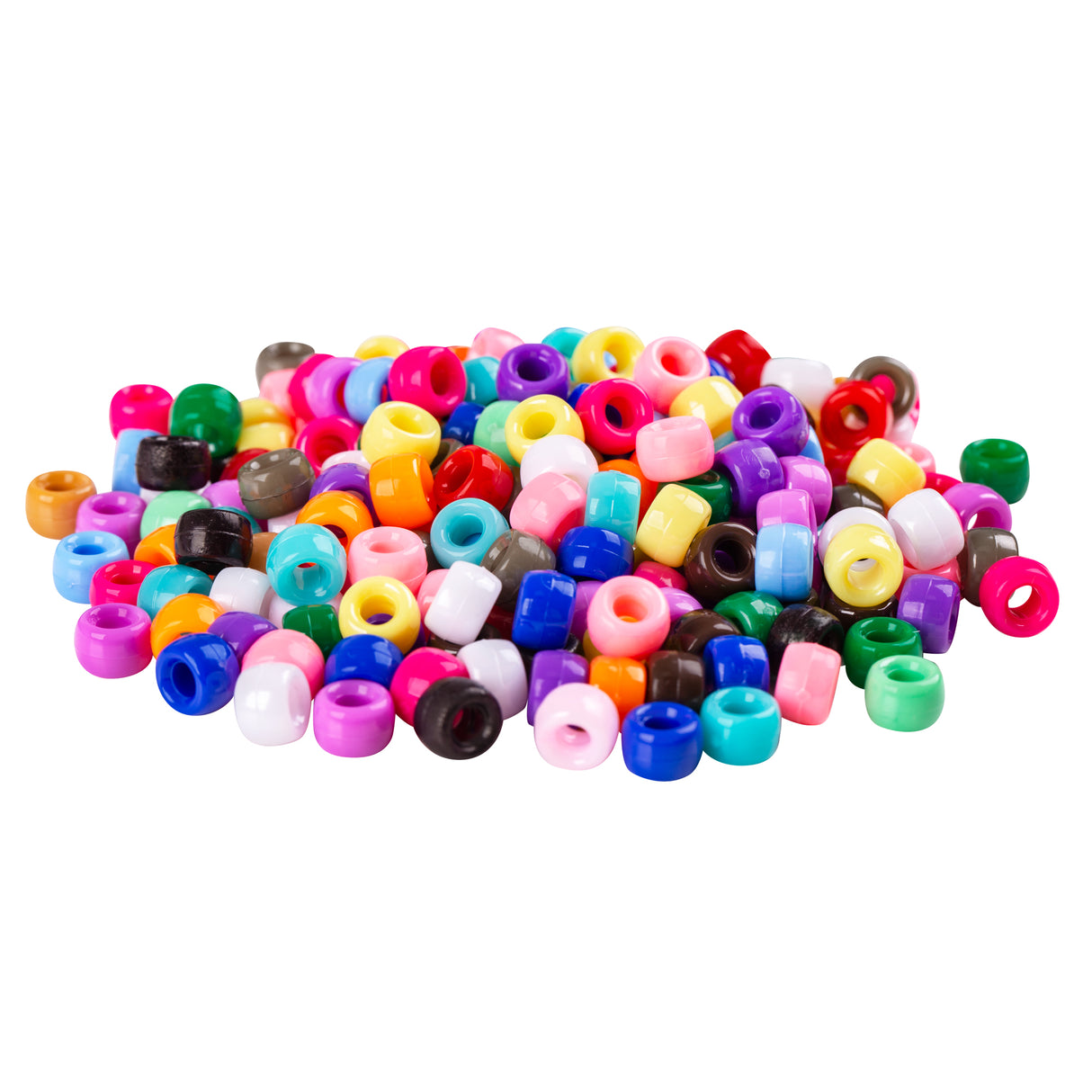 Colourful assortment of barrel-shaped plastic pony beads in a scattered pile, displaying vibrant colours including pink, purple, yellow, blue, green, red, orange, white, turquoise, and brown. The glossy beads feature large centre holes, perfect for threading and jewellery-making activities in classroom craft projects.