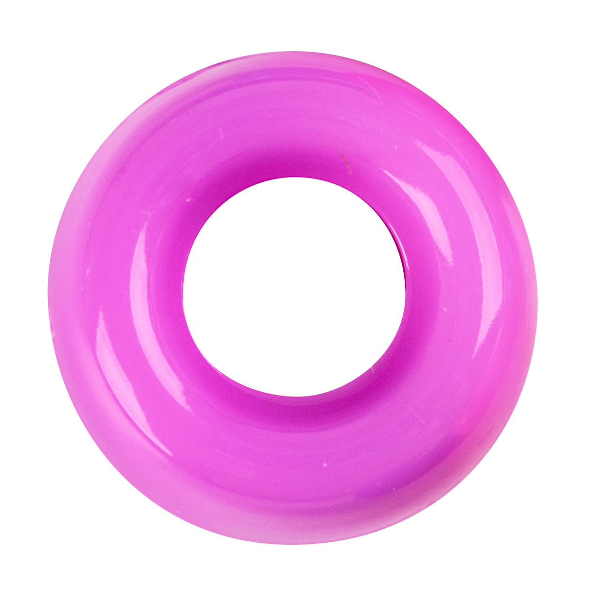 Bright pink translucent pony bead photographed from above against a white background, displaying a cylindrical shape with a large central hole for threading, showing smooth glossy surface with subtle light reflections along the curved edges.