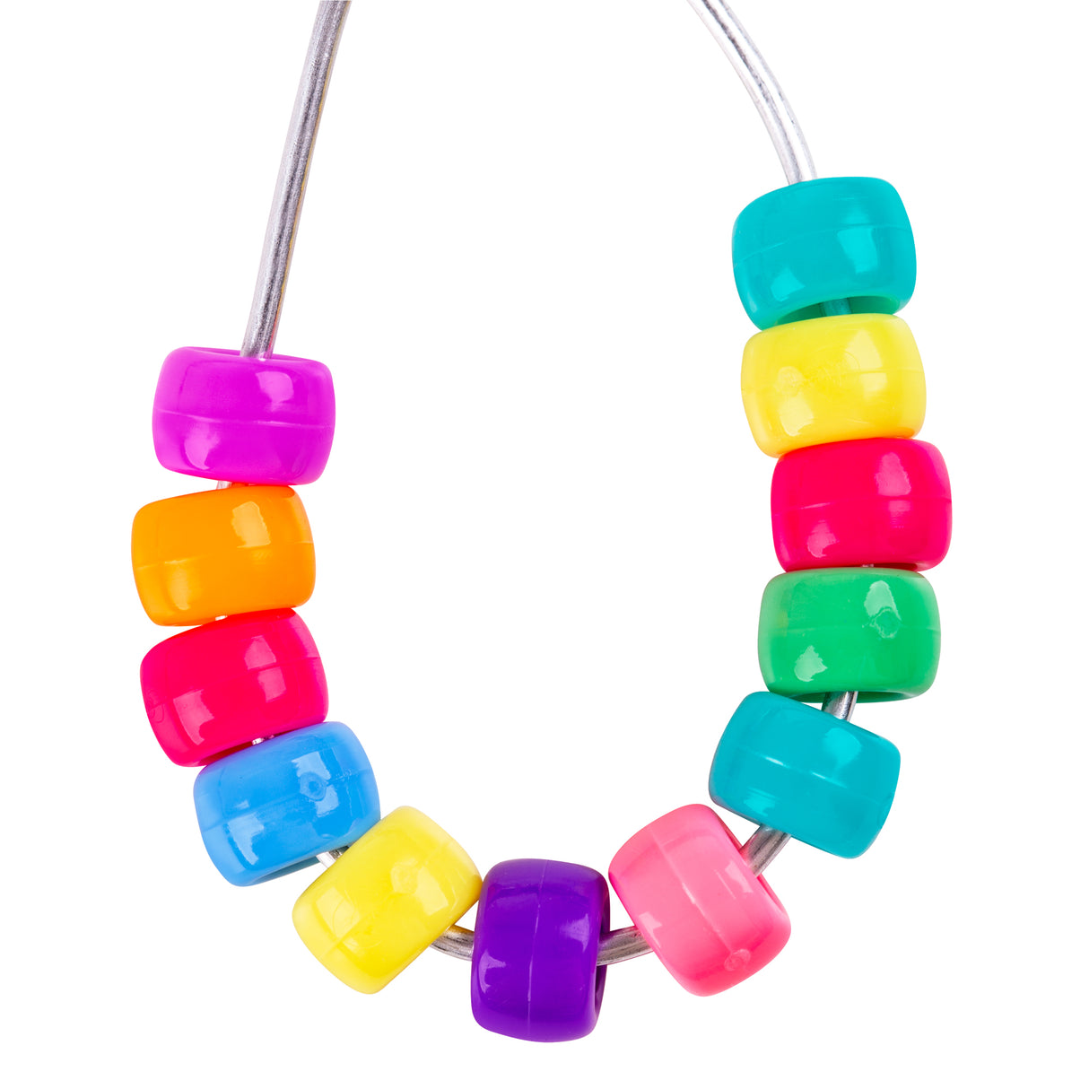Colourful plastic pony beads strung on silver cord forming a necklace against a white background. The large barrel-shaped beads feature vibrant colours including magenta, orange, pink, blue, yellow, purple, turquoise, and green, displaying their smooth glossy finish and generous threading holes ideal for children's craft activities.