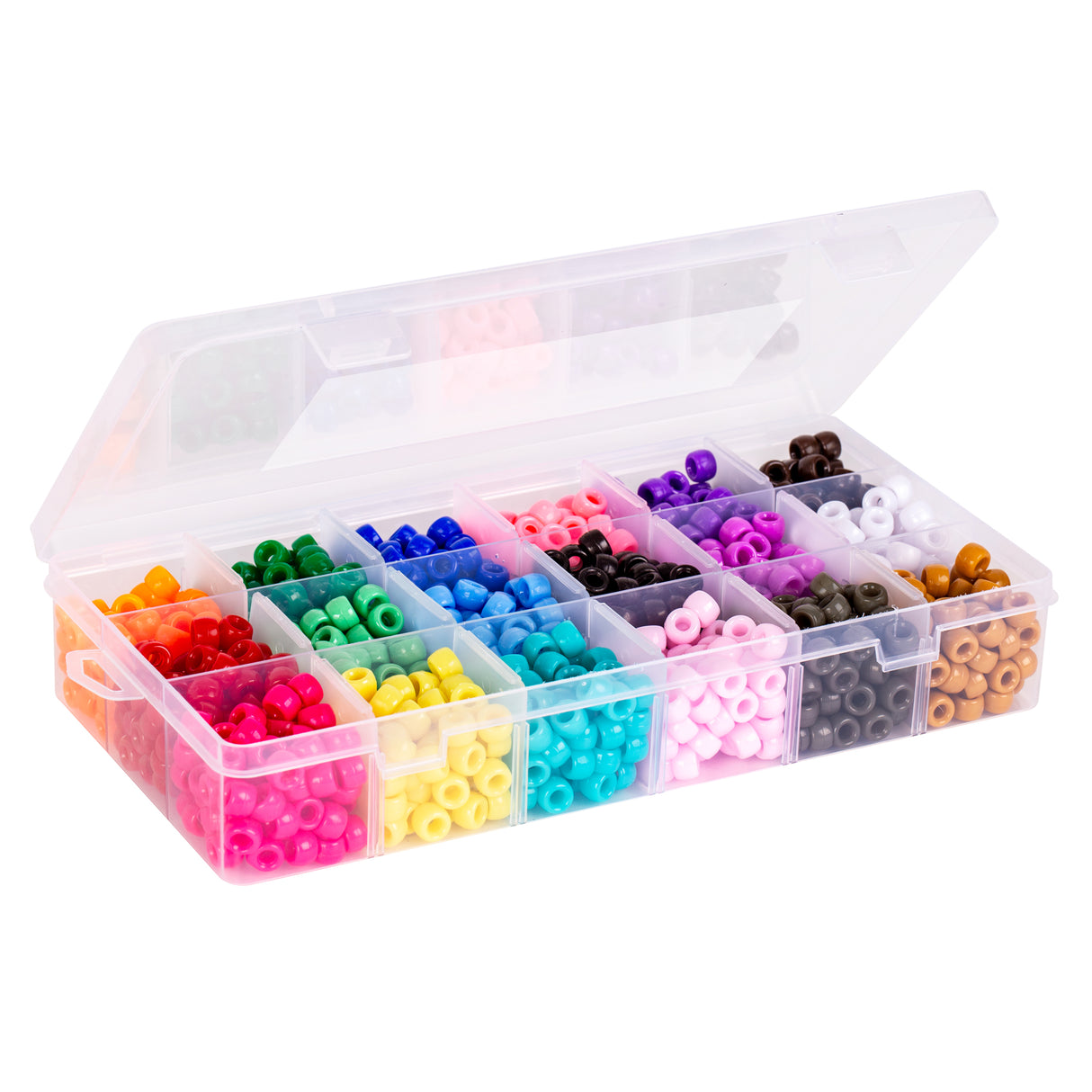 Clear plastic sorting tray containing colourful pony beads organised in individual compartments. The Classroom Pony Beads collection features vibrant colours including orange, red, pink, yellow, green, blue, purple, white, black, brown, and natural wood tones, perfect for threading and jewellery-making activities.