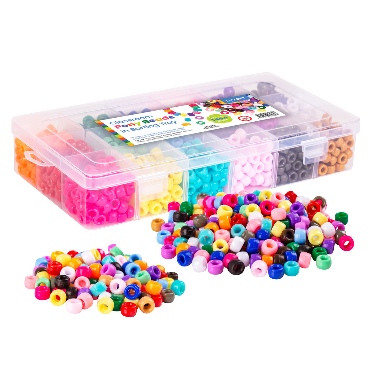 Clear plastic sorting tray containing colourful Classroom Pony Beads organised in compartments by colour including pink, yellow, turquoise, white, purple, and orange, with two piles of assorted cylindrical beads with large holes displayed in front showing the vibrant rainbow colour range.