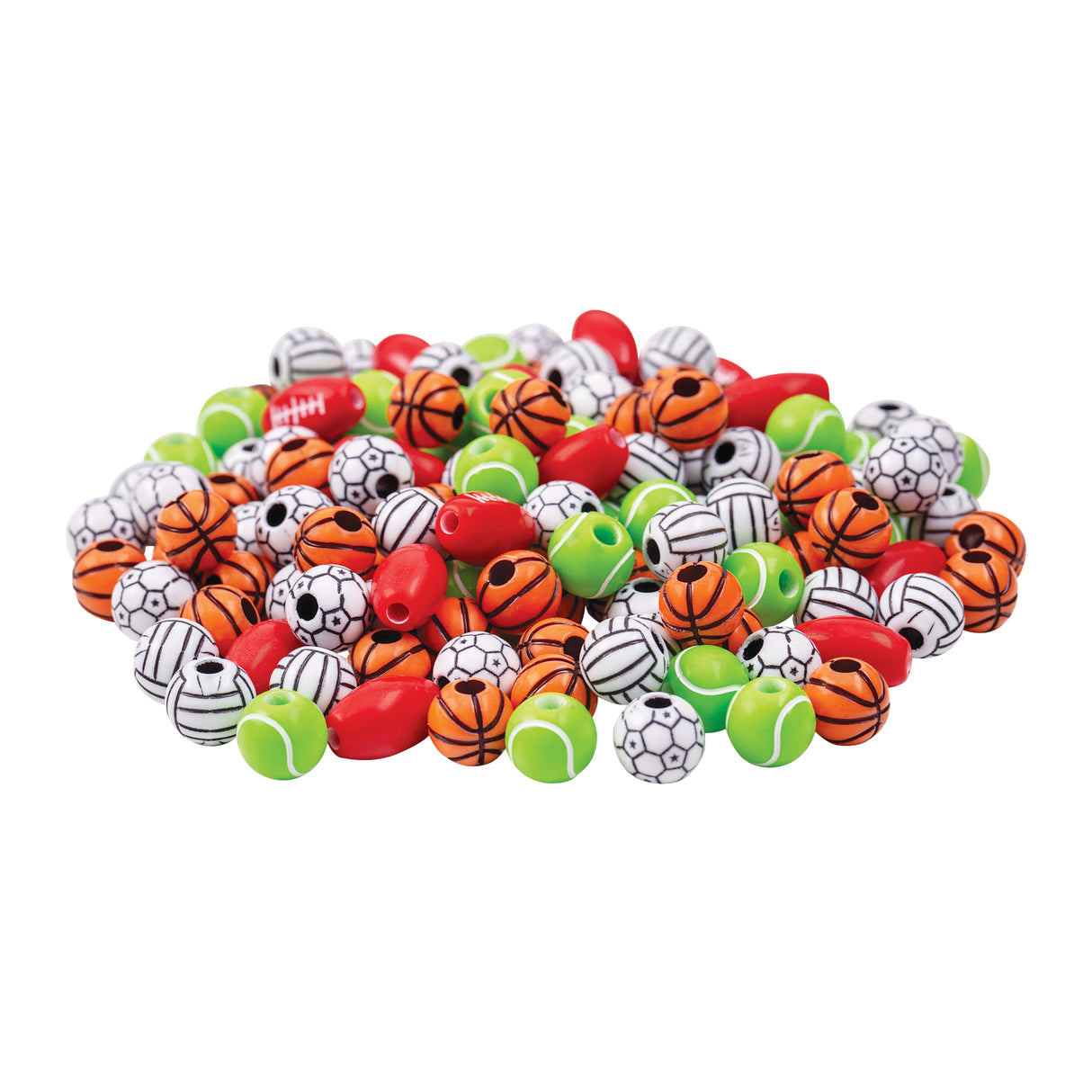 Assorted plastic sports-themed beads featuring basketball, soccer ball, volleyball, and tennis ball designs in orange, white, green, and red colours. The collection includes approximately 150 grams of round beads with detailed sports equipment patterns, perfect for threading and jewellery-making activities.