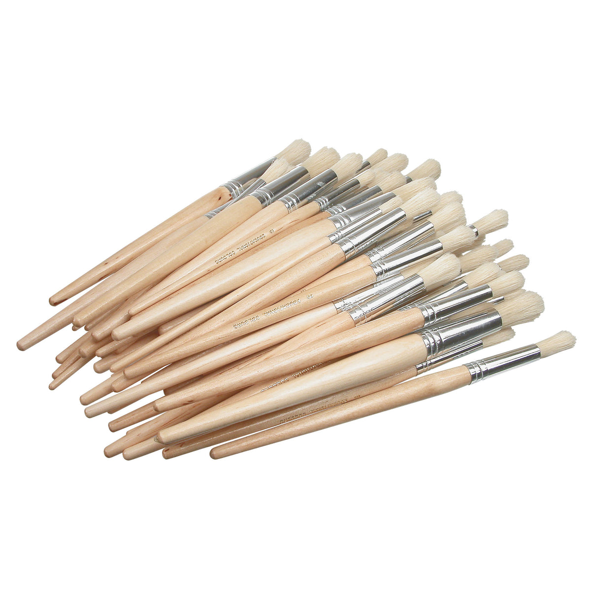 Pile of round hog hair paint brushes with natural wooden handles and silver ferrules, arranged diagonally on a white background. Brush heads are rounded with light-coloured bristles.