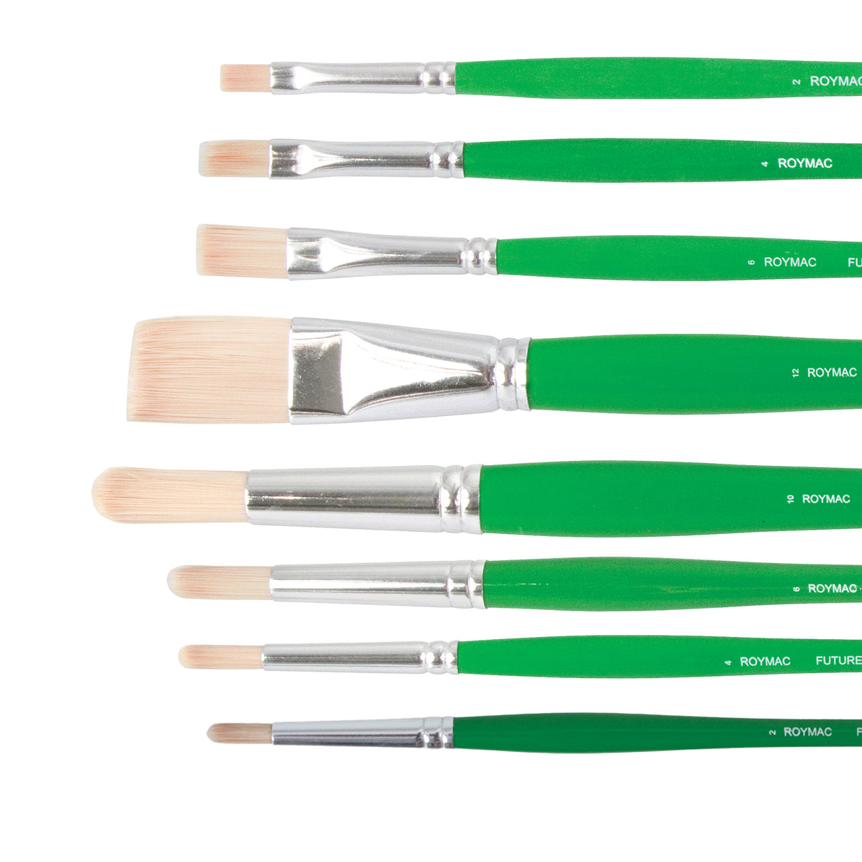 Assorted flat and round paintbrushes arranged horizontally on a white background, featuring pale synthetic bristles, silver metal ferrules and bright green handles. The brushes are shown in a range of sizes, from fine detail tips to wider flat brushes, highlighting the variation in brush heads and handle thickness.